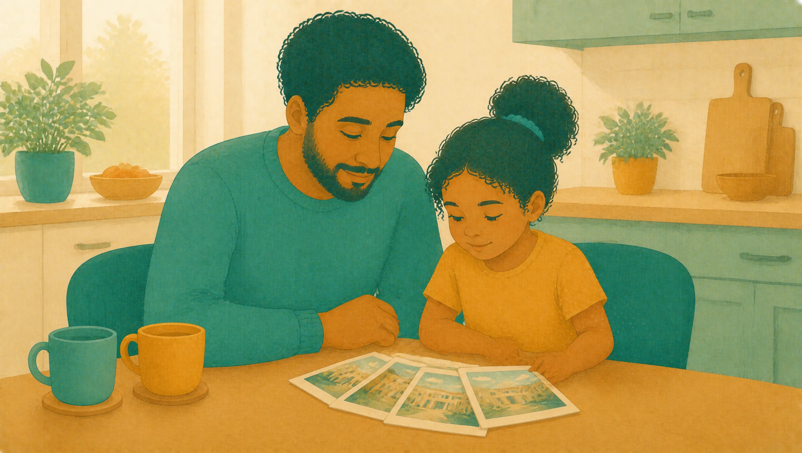 A father sits with his young daughter at the kitchen table, looking together at a set of photographs of her new school route.