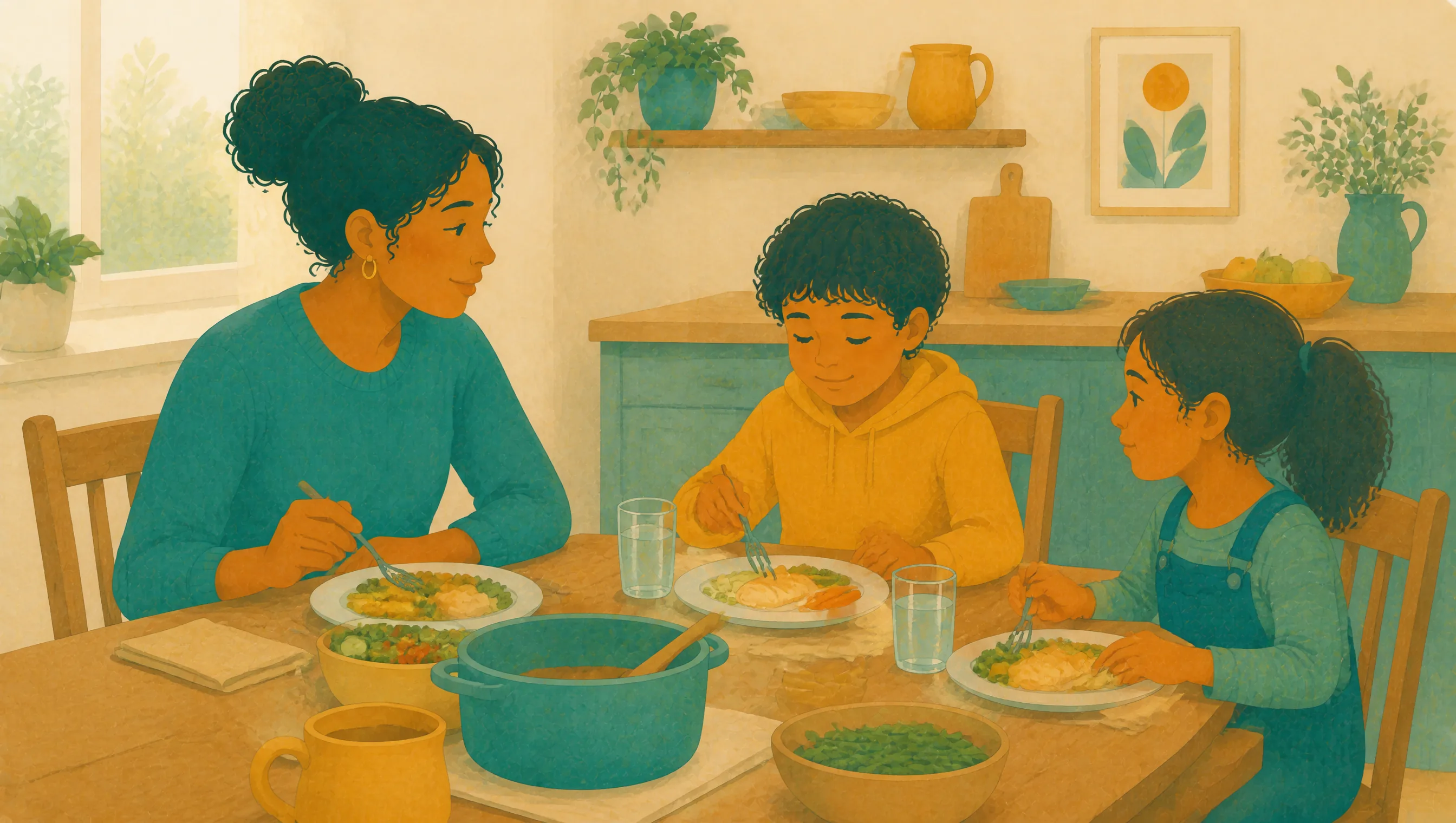 A woman and two children sitting at a wooden table eating plates of chicken, peas and mash, with bowls, a pot and water glasses between them.