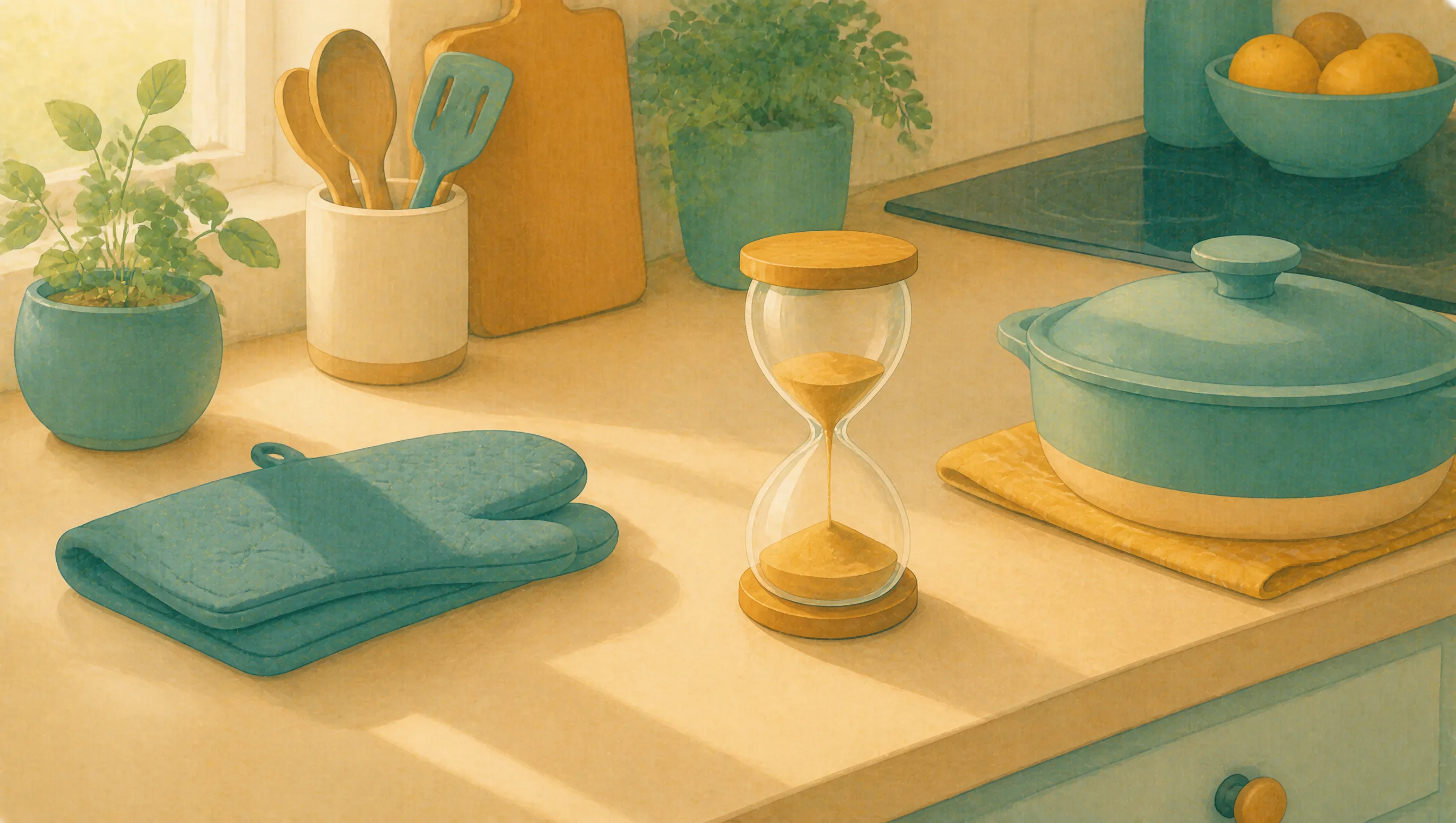 A sand timer sits on a kitchen counter between a lidded pot on a folded cloth and a jar of wooden utensils.