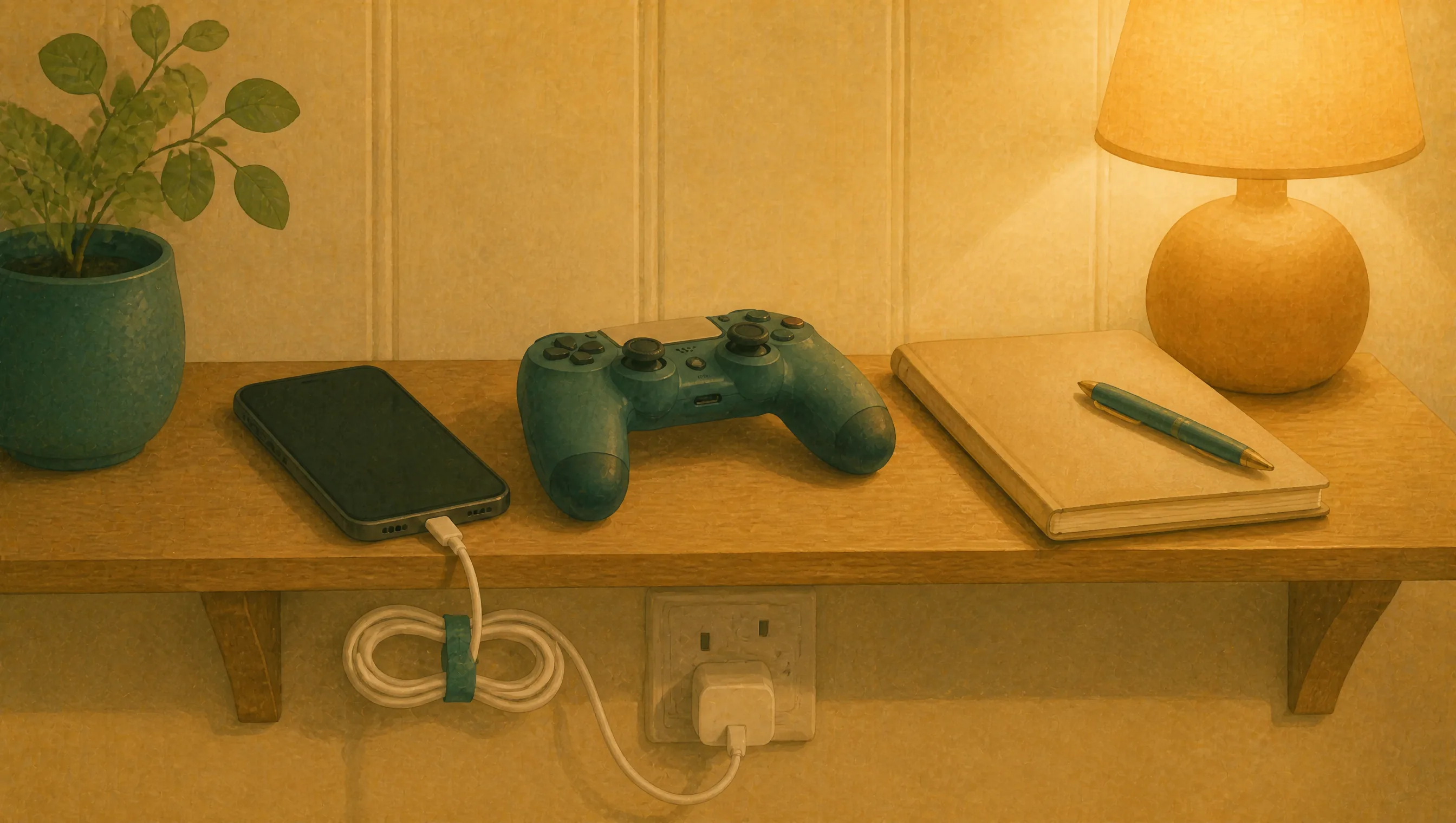 A wooden shelf holds a smartphone charging with its screen dark, a games controller, a closed notebook with a pen, a lit lamp and a potted plant.