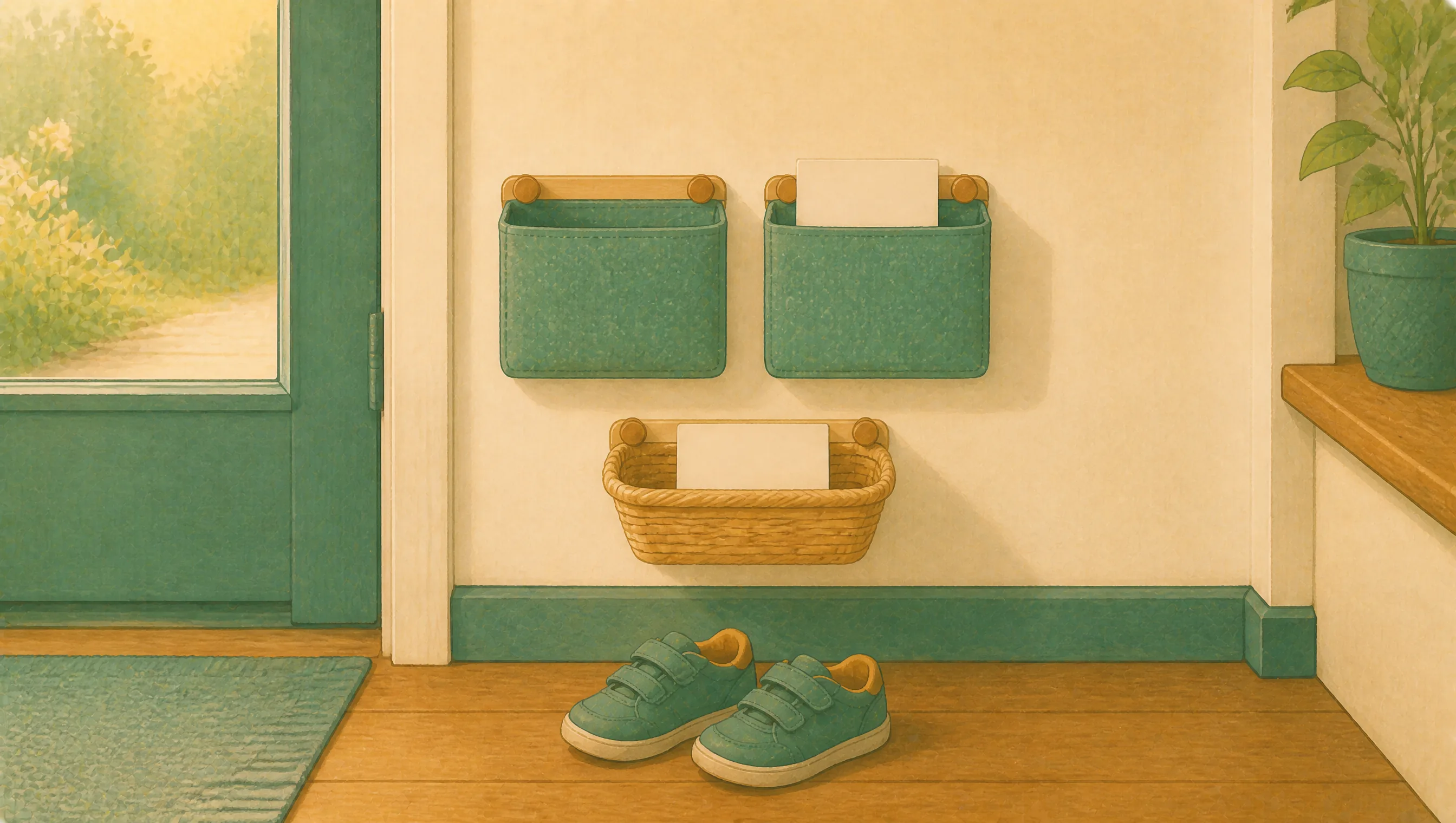 Fabric wall pockets and a woven basket fixed beside the front door, each holding a blank card, with a pair of small trainers on the floor below.