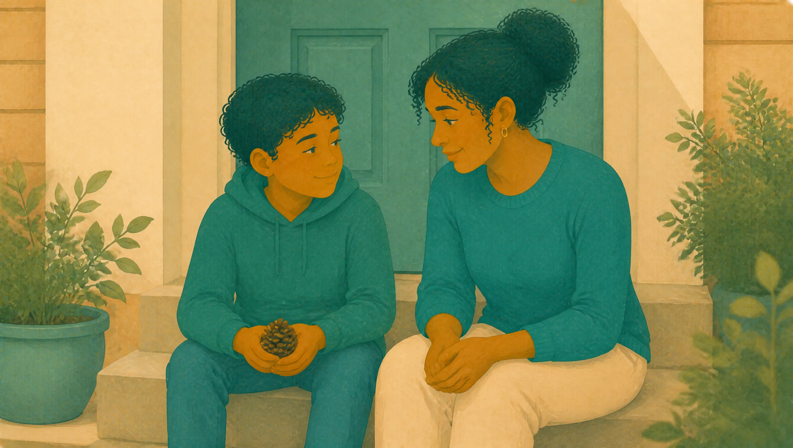 A boy sits on the front doorstep holding a pinecone while talking with his mother beside him.