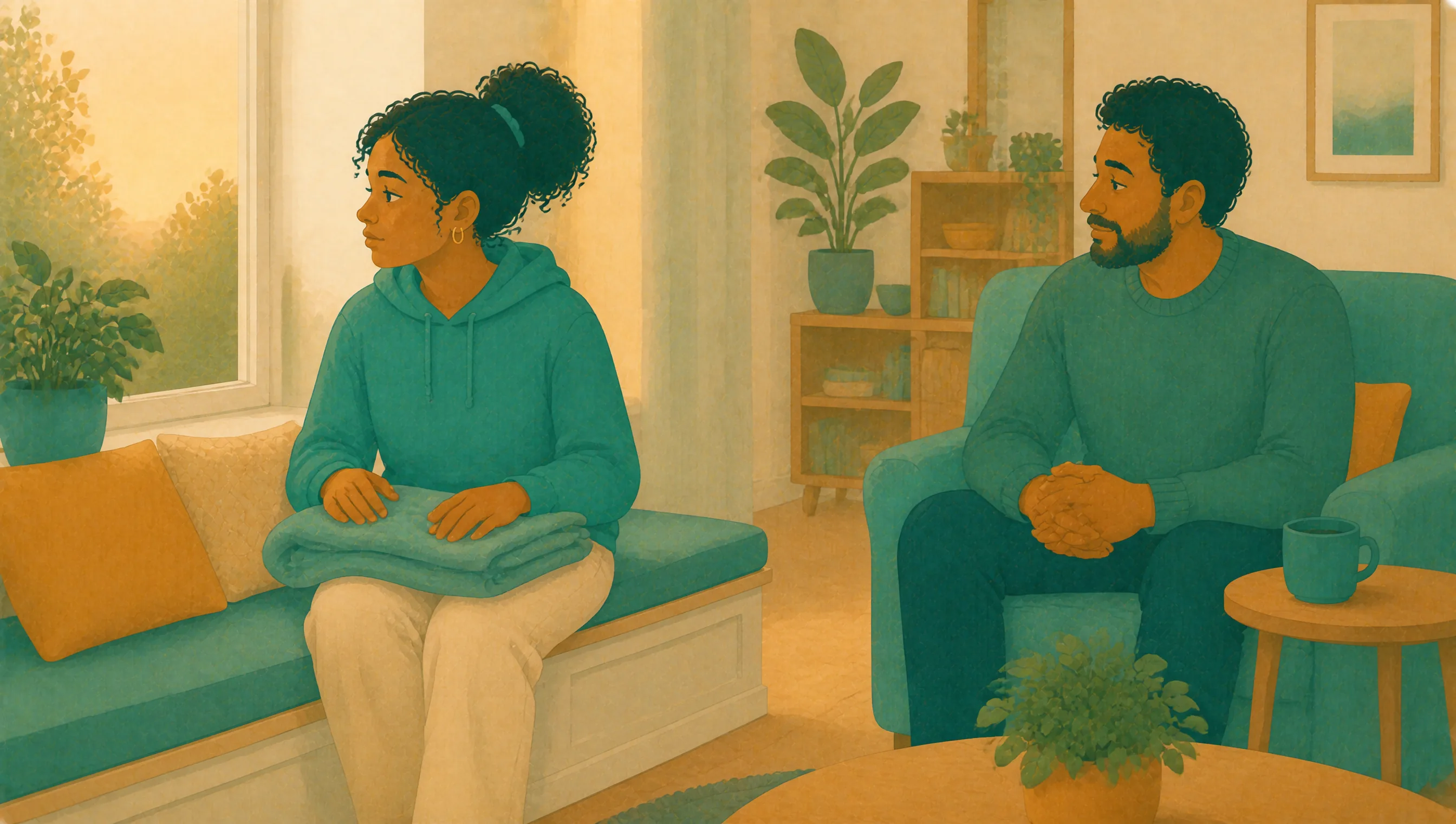 A girl sits on a window seat holding a folded blanket and looking out towards the garden, while a man sits nearby in an armchair with his hands clasped, waiting quietly.