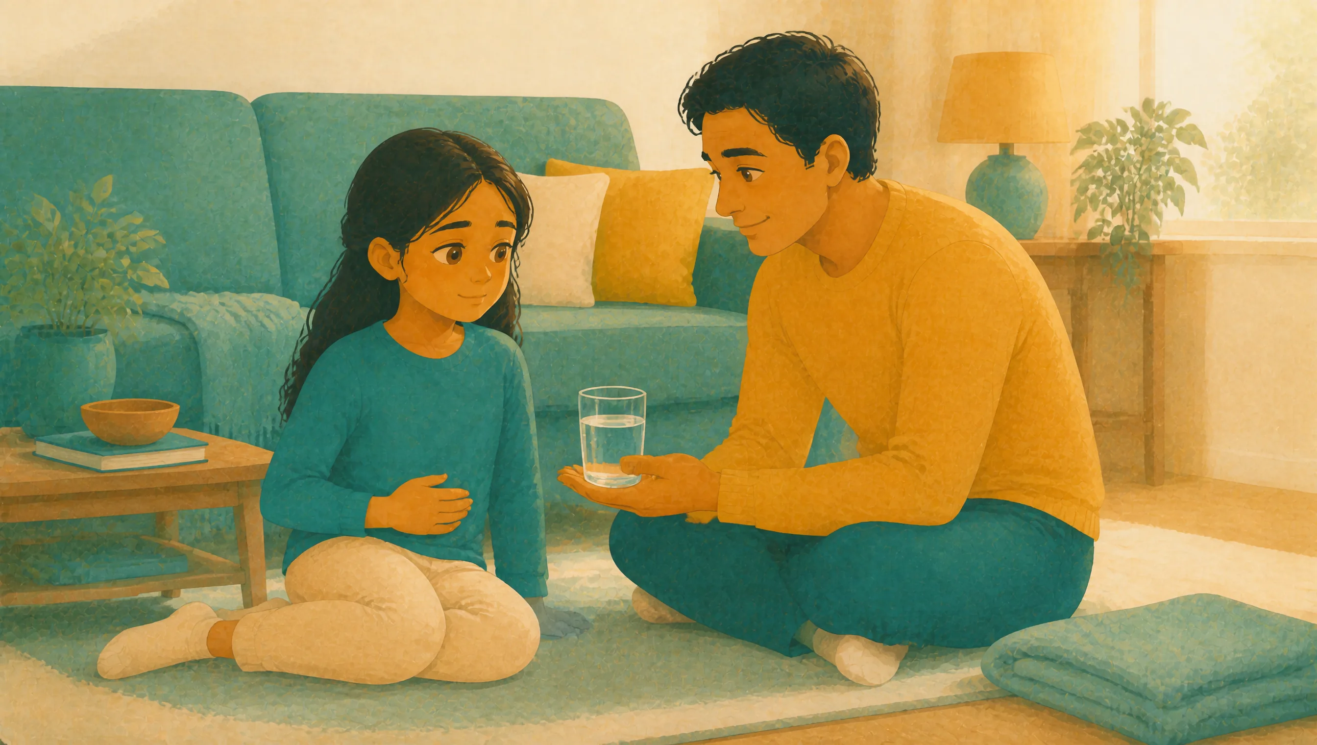A girl sitting cross-legged with a hand on her stomach, facing a man who kneels nearby holding out a glass of water in a sunlit living room.