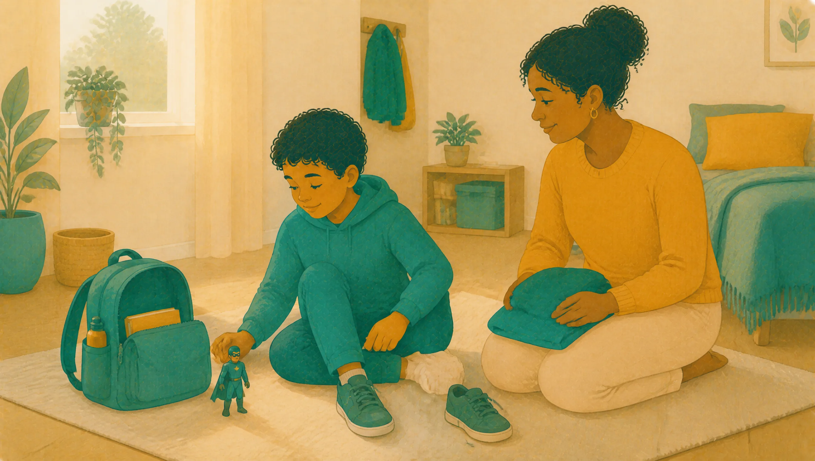 A boy kneels on a bedroom rug holding a small toy figure instead of putting on the shoes and packed bag beside him, while his mother kneels close by holding his folded jumper.