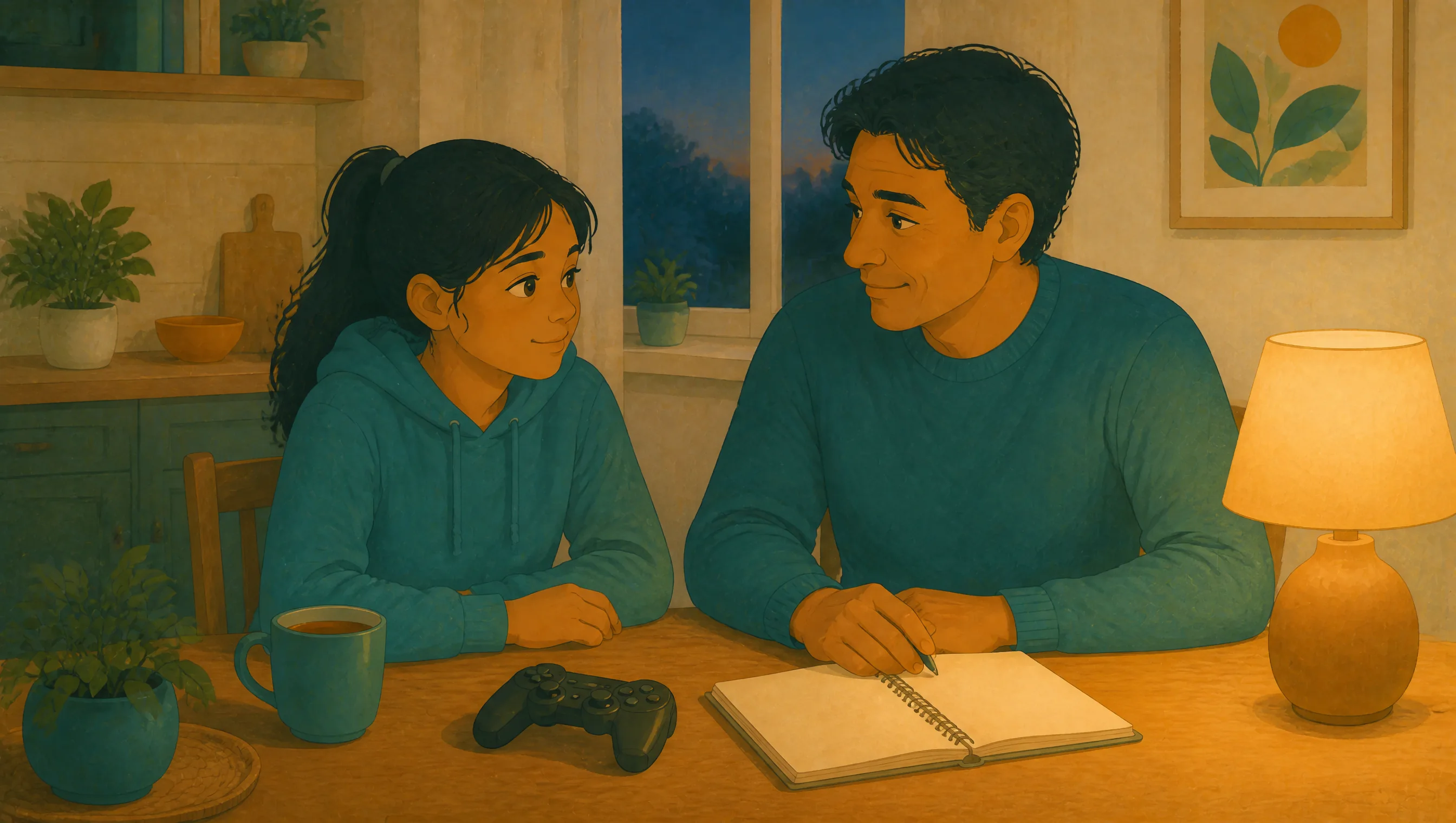 A girl and a man sit together at a kitchen table with a games controller, an open notebook, a mug of tea and a lit lamp, at dusk.