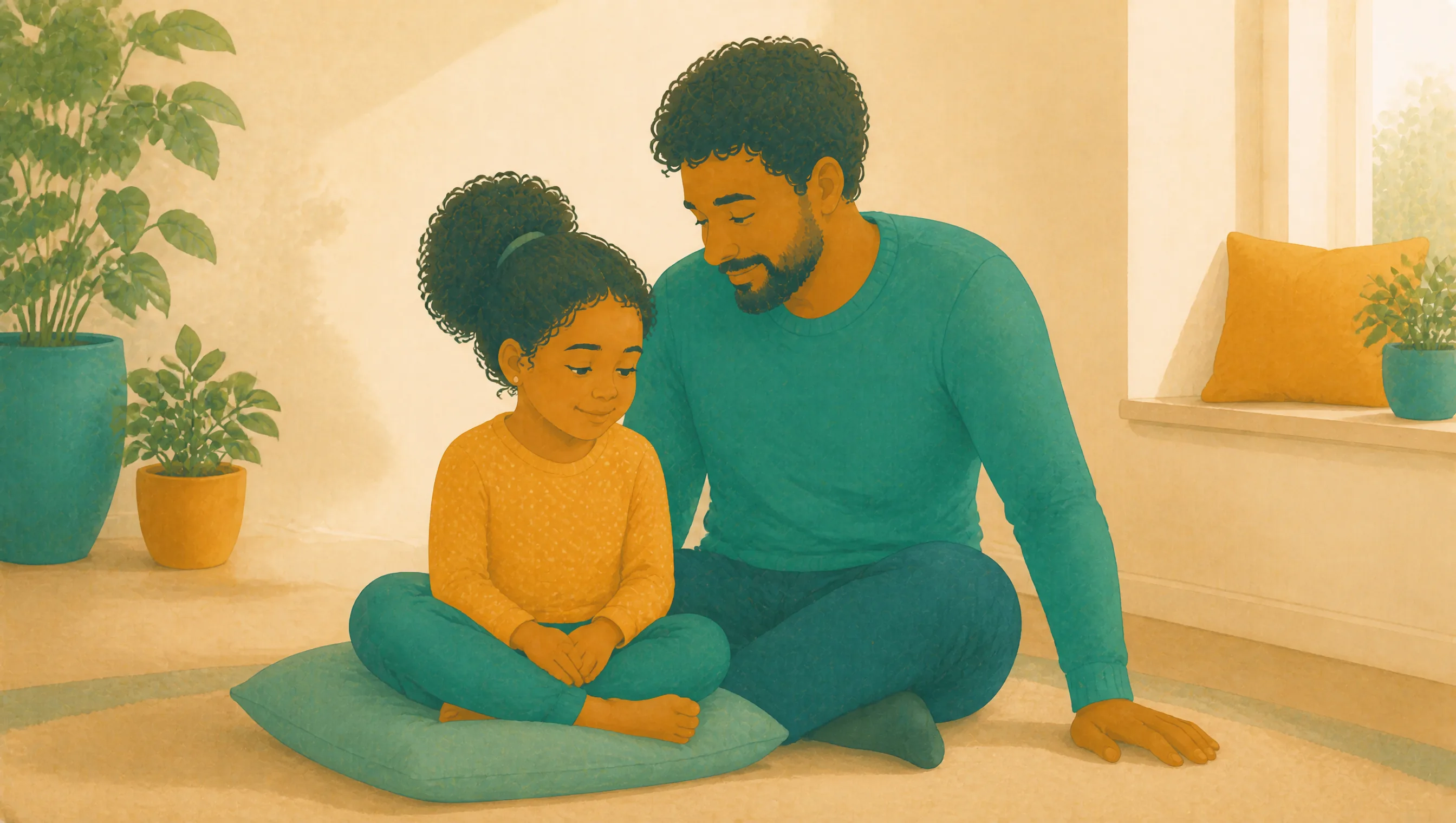A father sits cross-legged on the living room floor beside his young daughter, the two of them settled and quiet together after a boundary has been held.