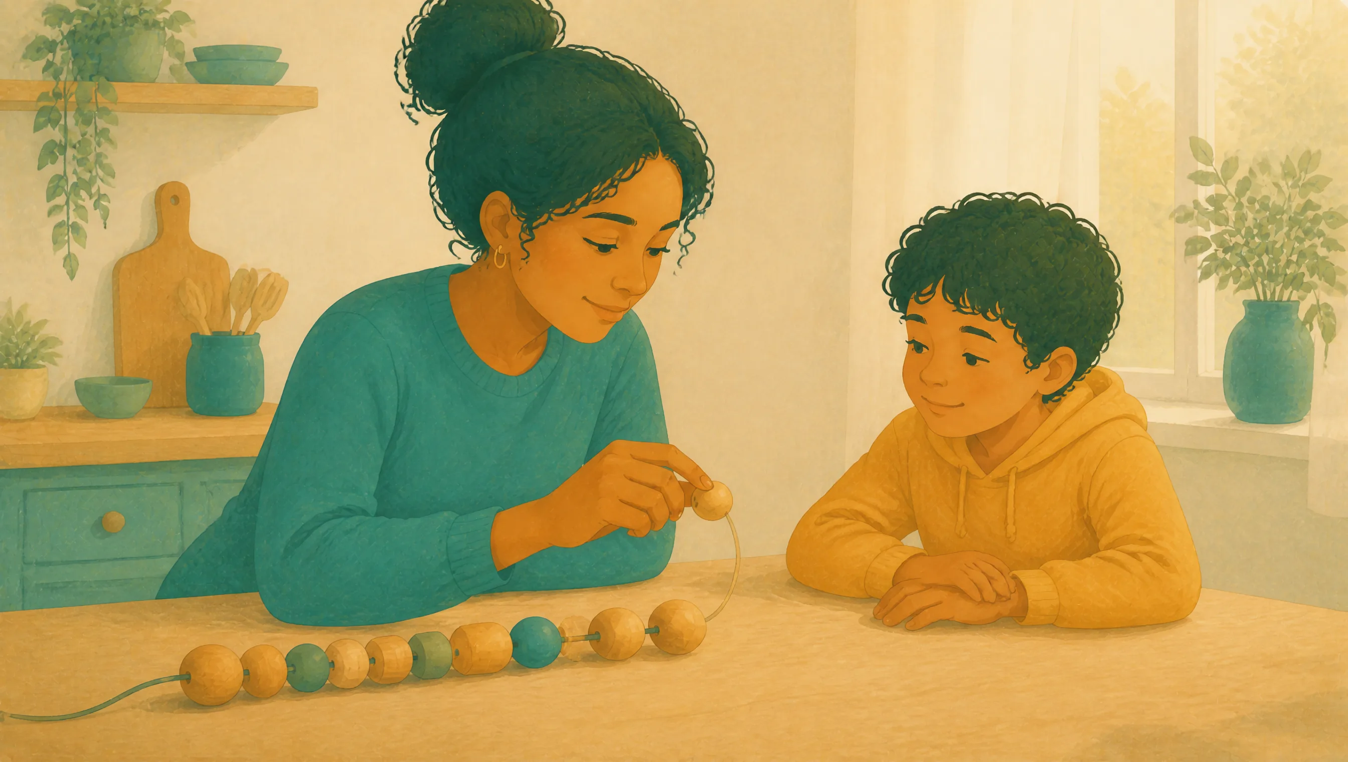 A woman in a teal jumper threads wooden beads onto a string at a kitchen table while a boy in a yellow hoodie watches, hands clasped.