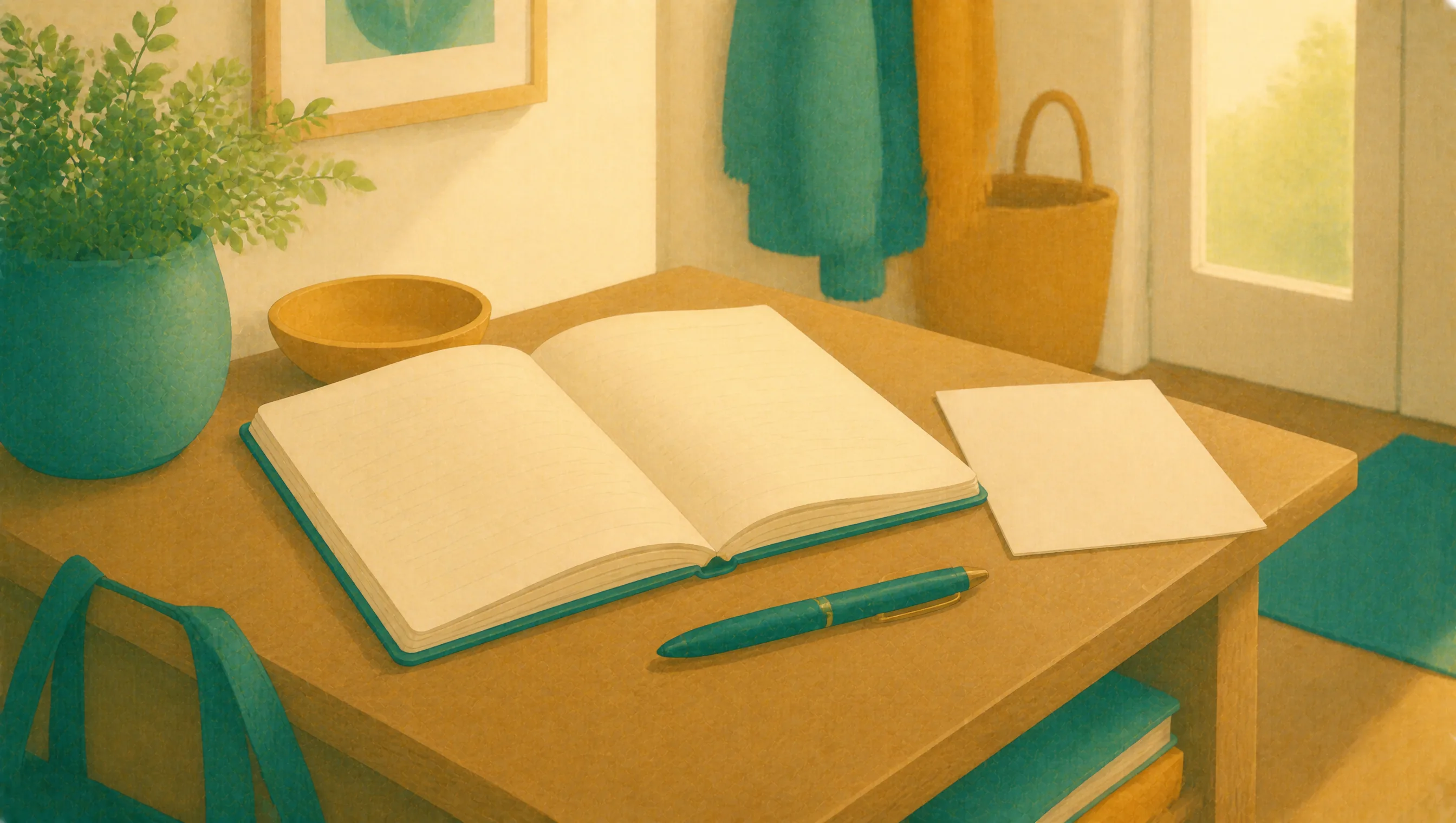 An open notebook with blank ruled pages and a pen rest on a hallway table by the front door, ready to be picked up on the way out.
