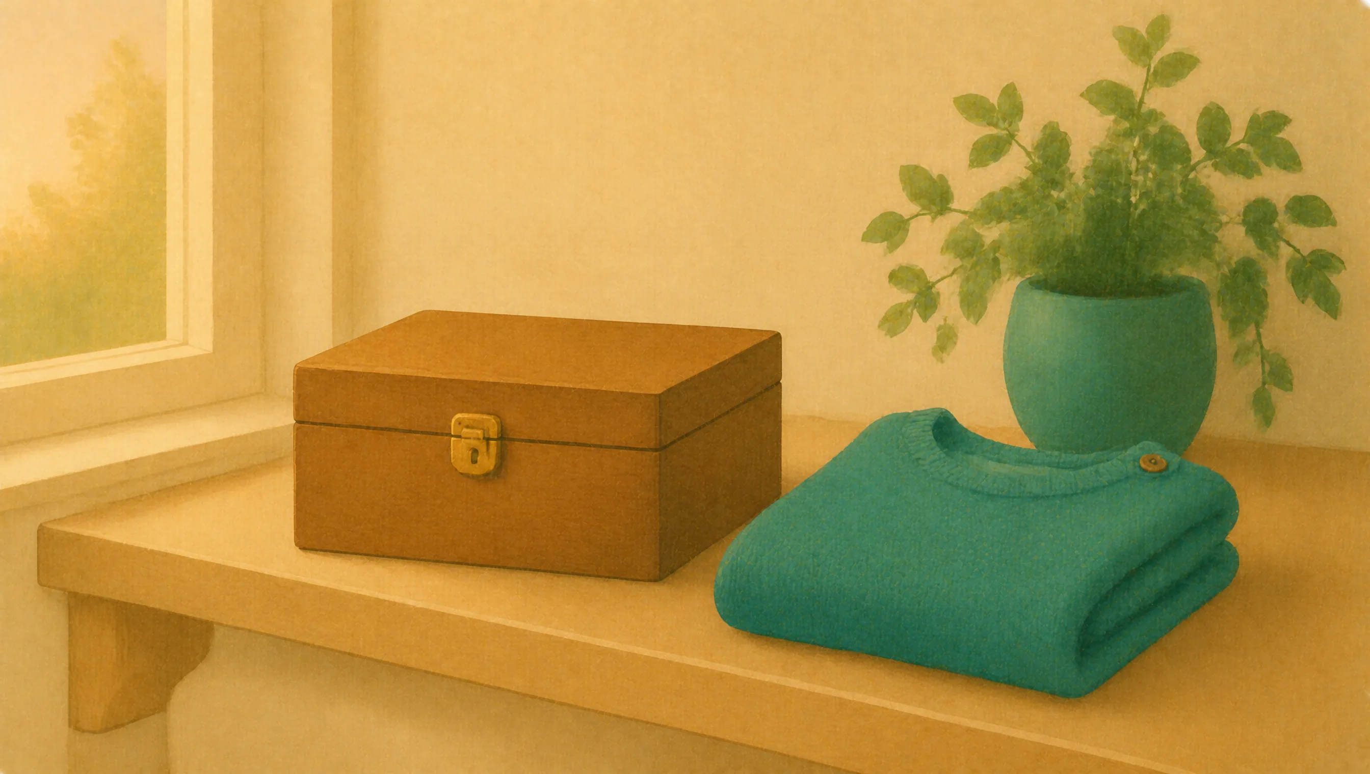 A latched wooden box sits beside a folded jumper and a small potted plant on a sunlit shelf.