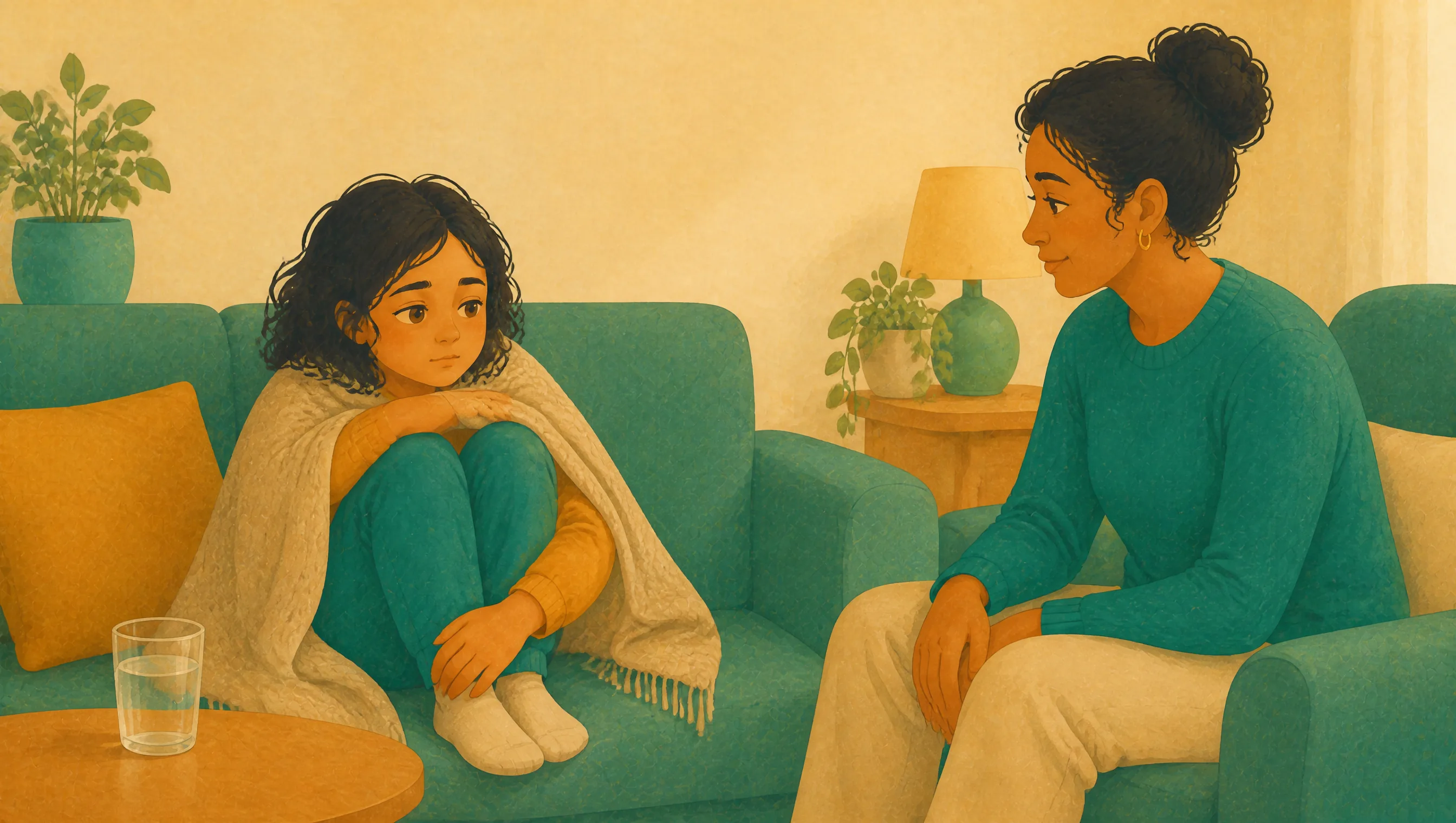 A girl wrapped in a blanket sits on a teal sofa, knees drawn up, looking towards a woman seated opposite her in a calm living room.