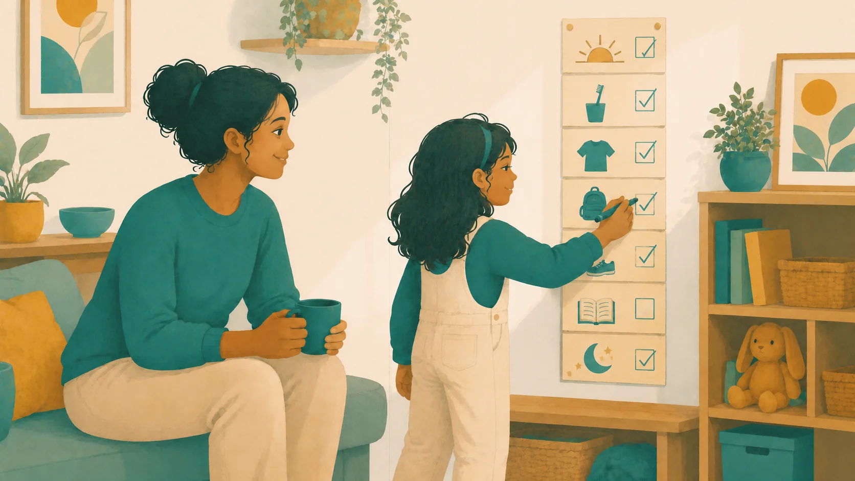 A child ticks off pictures on a wall chart while a parent sits nearby.