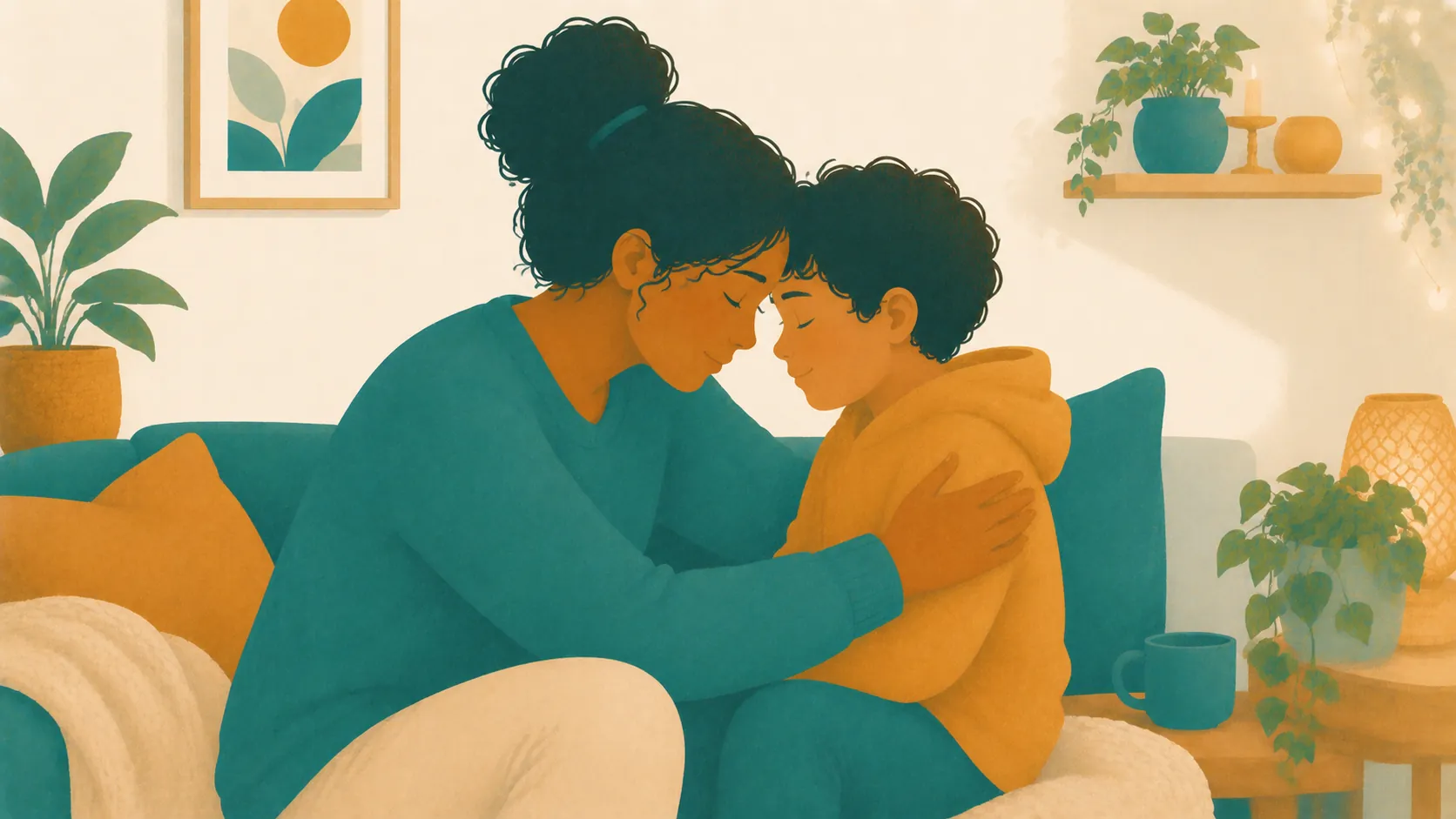 A parent and child sit close together with their foreheads touching.