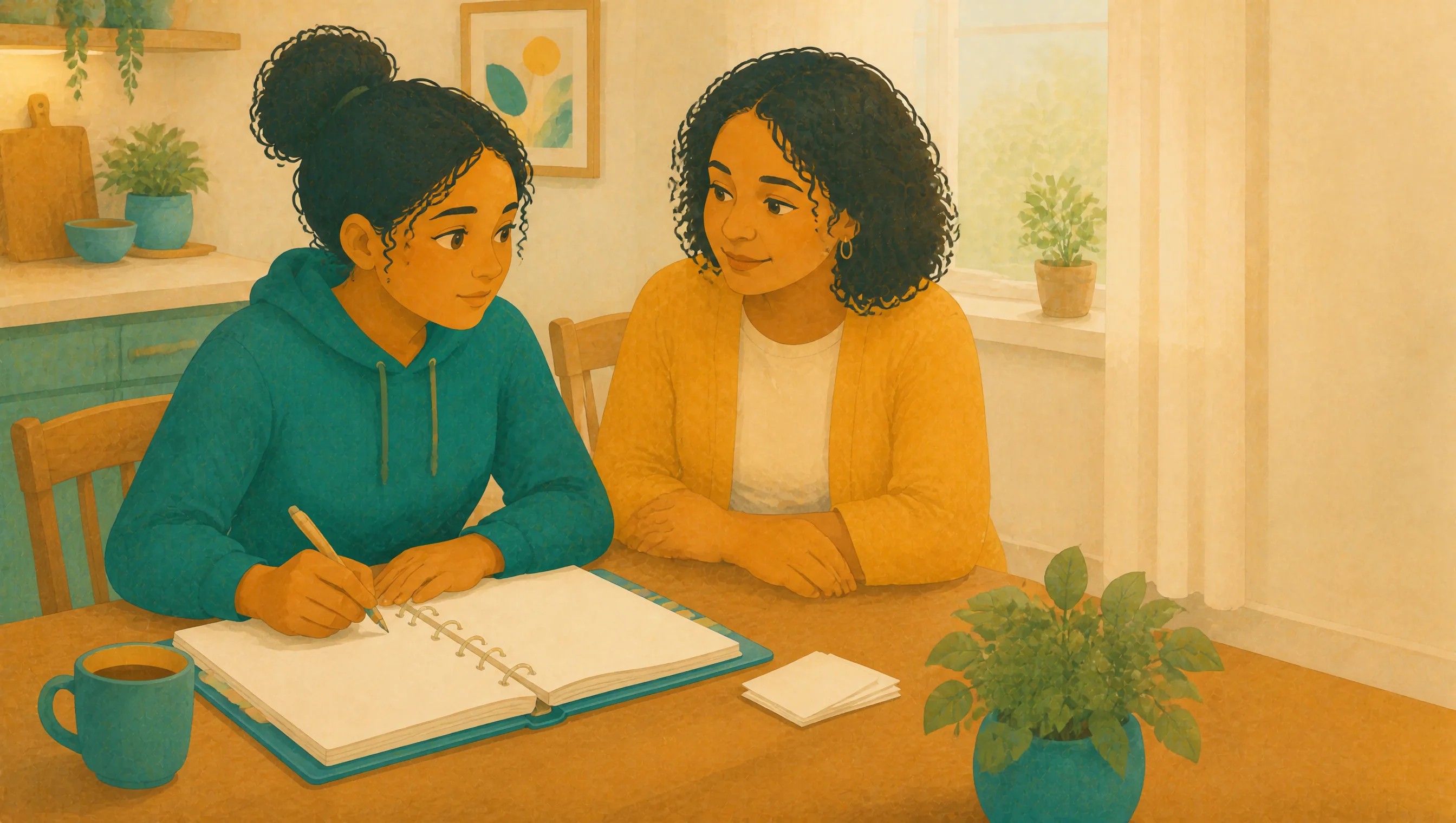 A teenage girl writes in a spiral-bound notebook at a kitchen table, sitting beside a woman, with a mug of coffee and a stack of notepaper nearby.