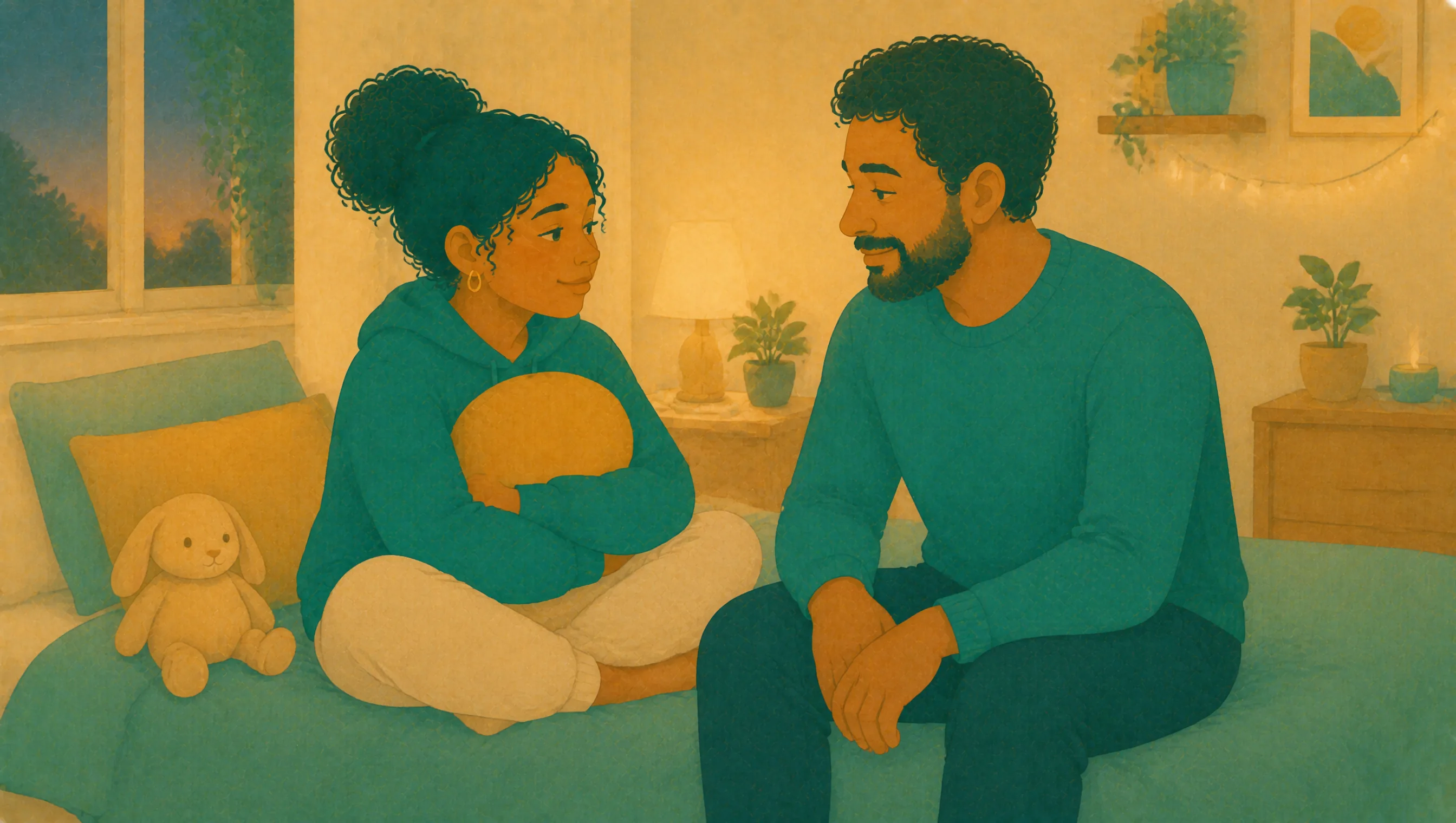 A teenage girl sits cross-legged on her bed hugging a cushion while her father sits close by, the two of them talking quietly in the evening.