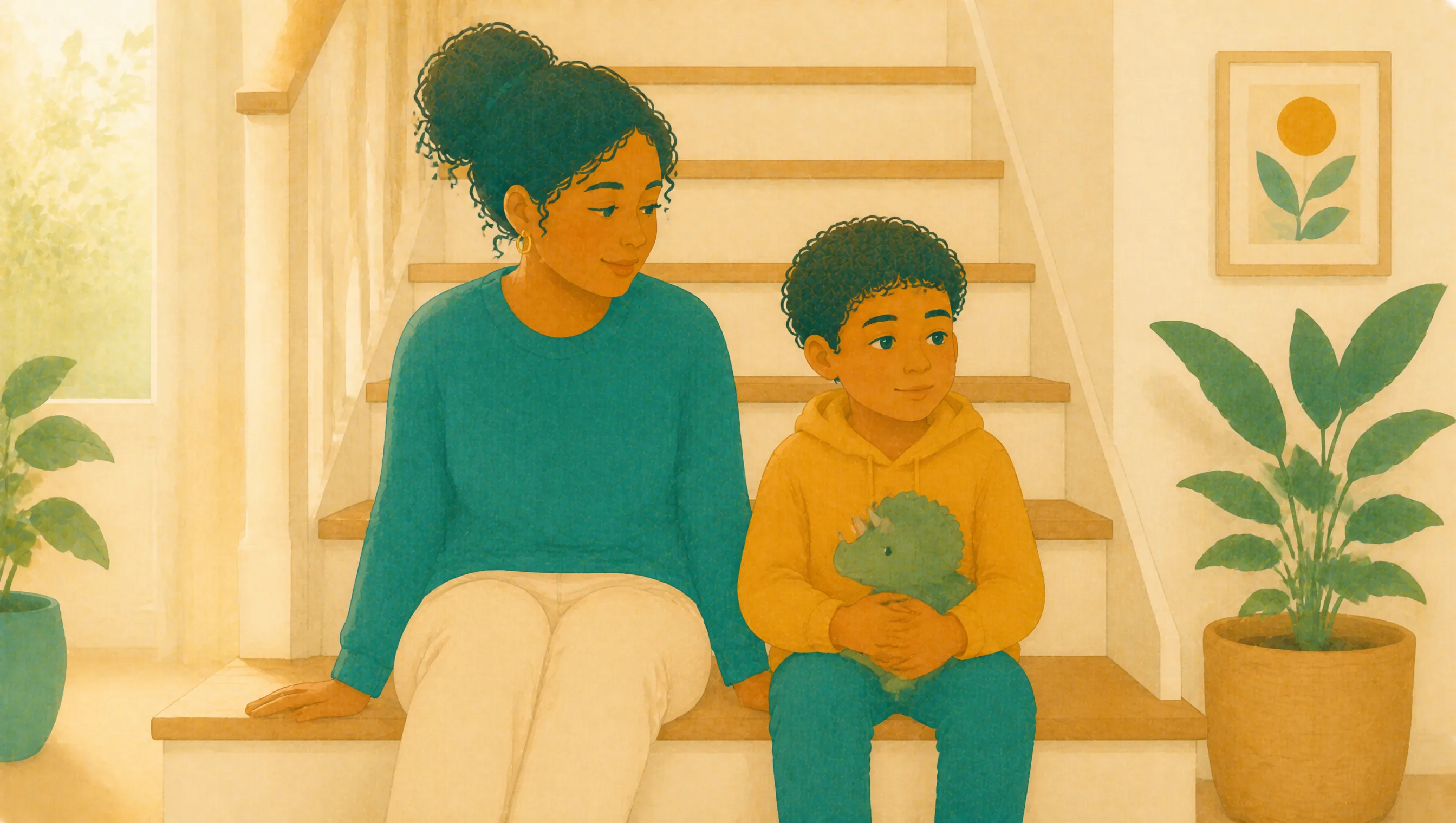 A mother sits beside her young son on the stairs at home, the boy holding a toy dinosaur, in a calm moment before the school day.