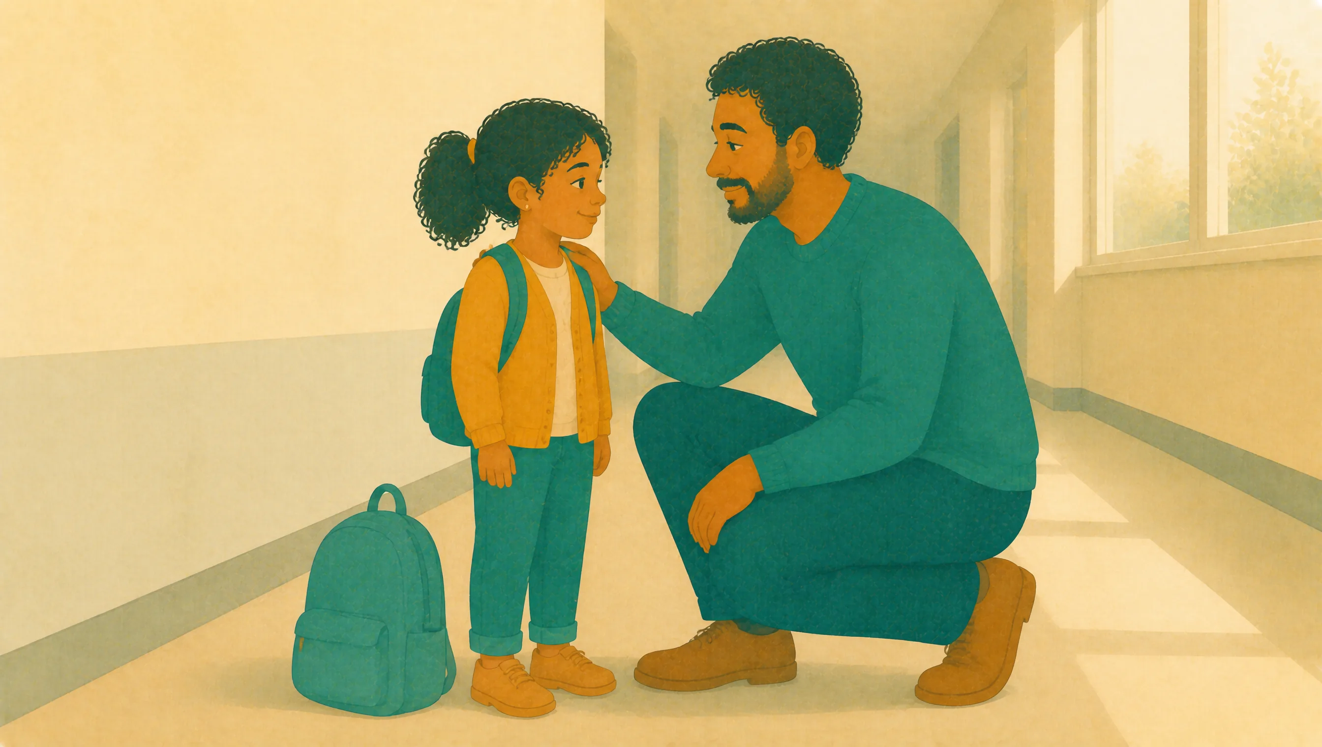 A father crouches down to speak with his young daughter in a school corridor, her bag on her shoulders and a second bag on the floor beside them.