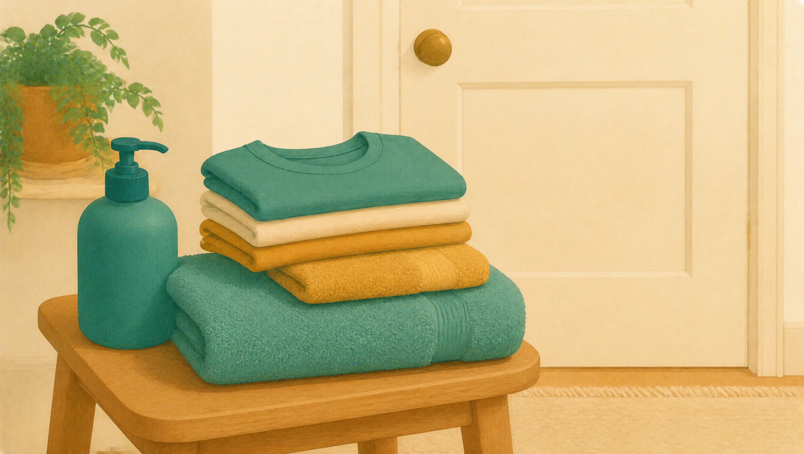 A folded towel, a flannel and a plain bottle are stacked on a stool outside a closed door.