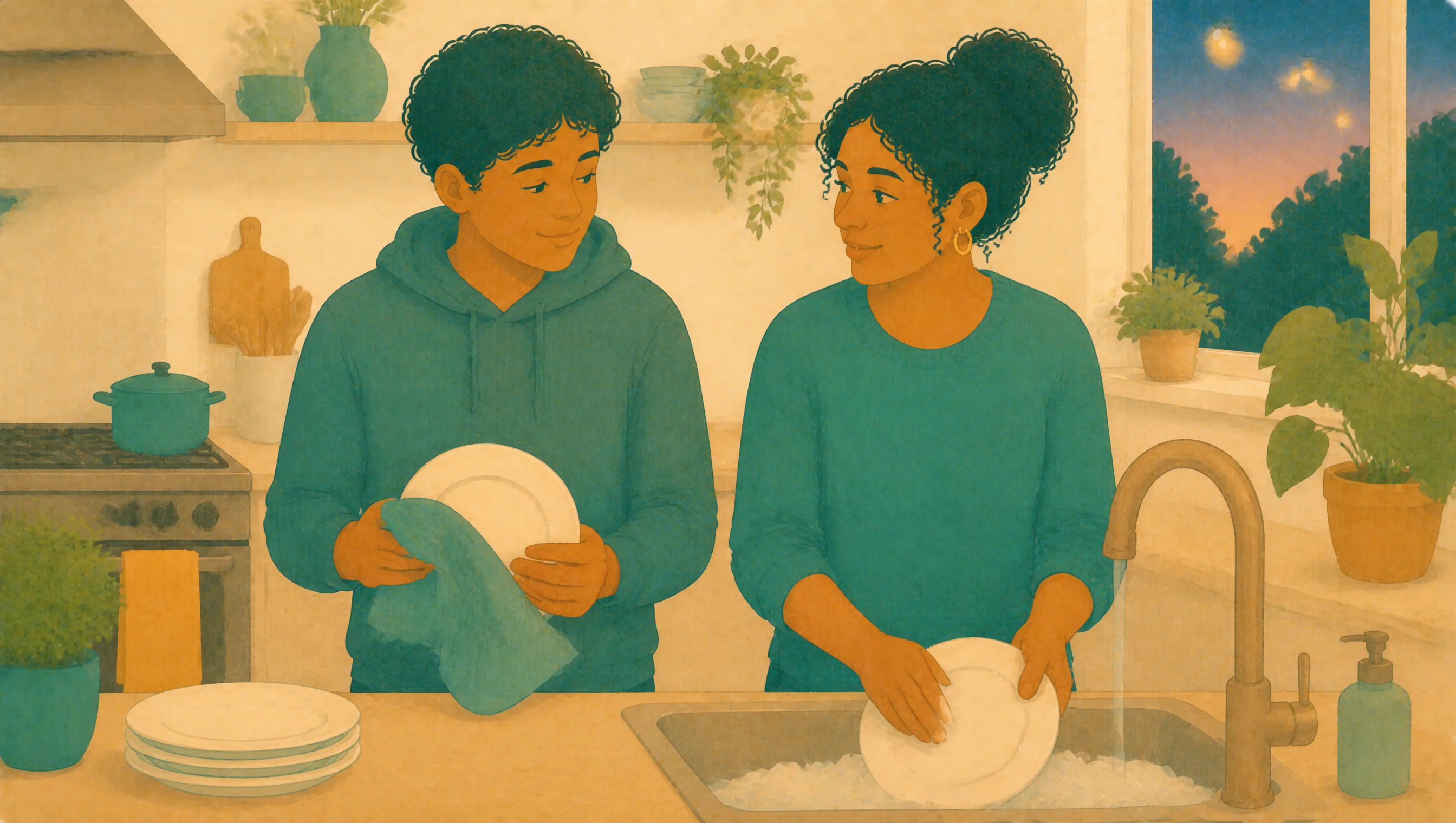 A mother and her teenage son wash up together at the kitchen sink, talking as they work.