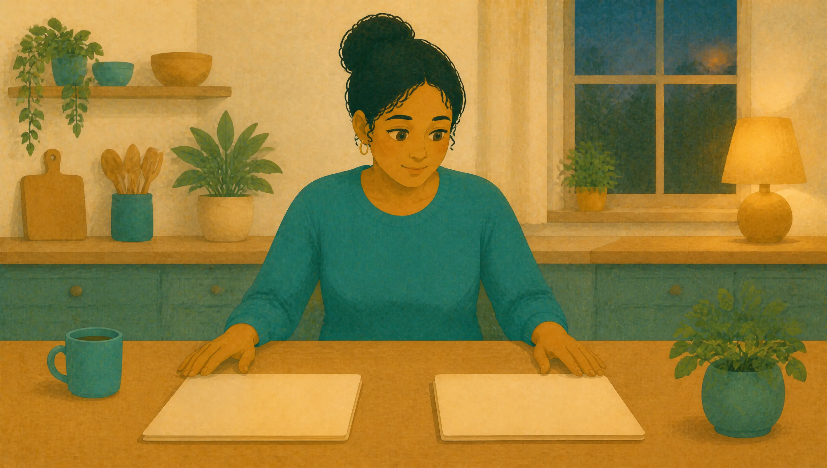 A woman stands at a kitchen table with a hand resting on each of two blank documents side by side, in a softly lit evening kitchen.