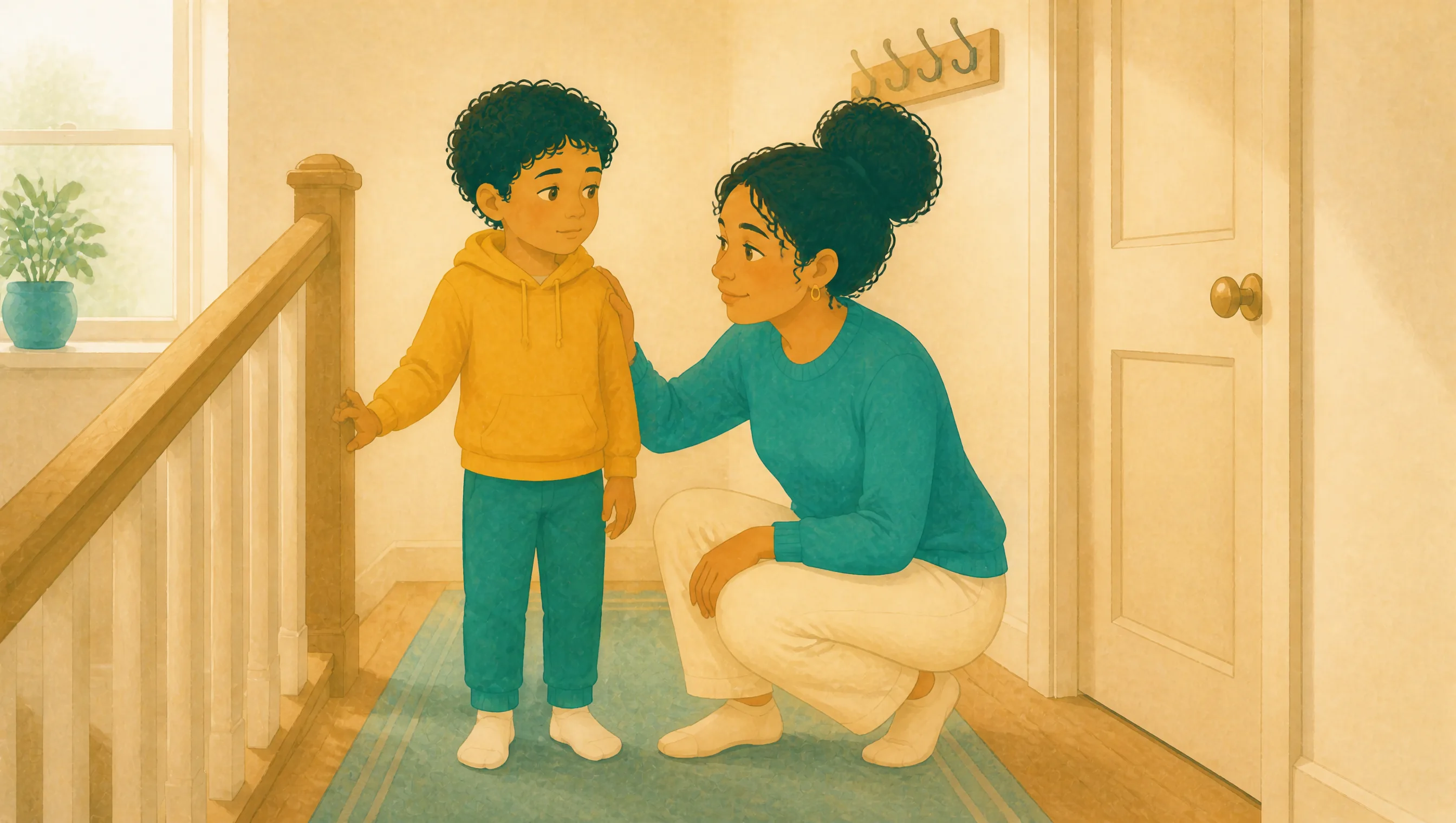 A young boy in a yellow hoodie standing by a staircase while a woman kneels to speak with him, hand resting on his shoulder near a front door.