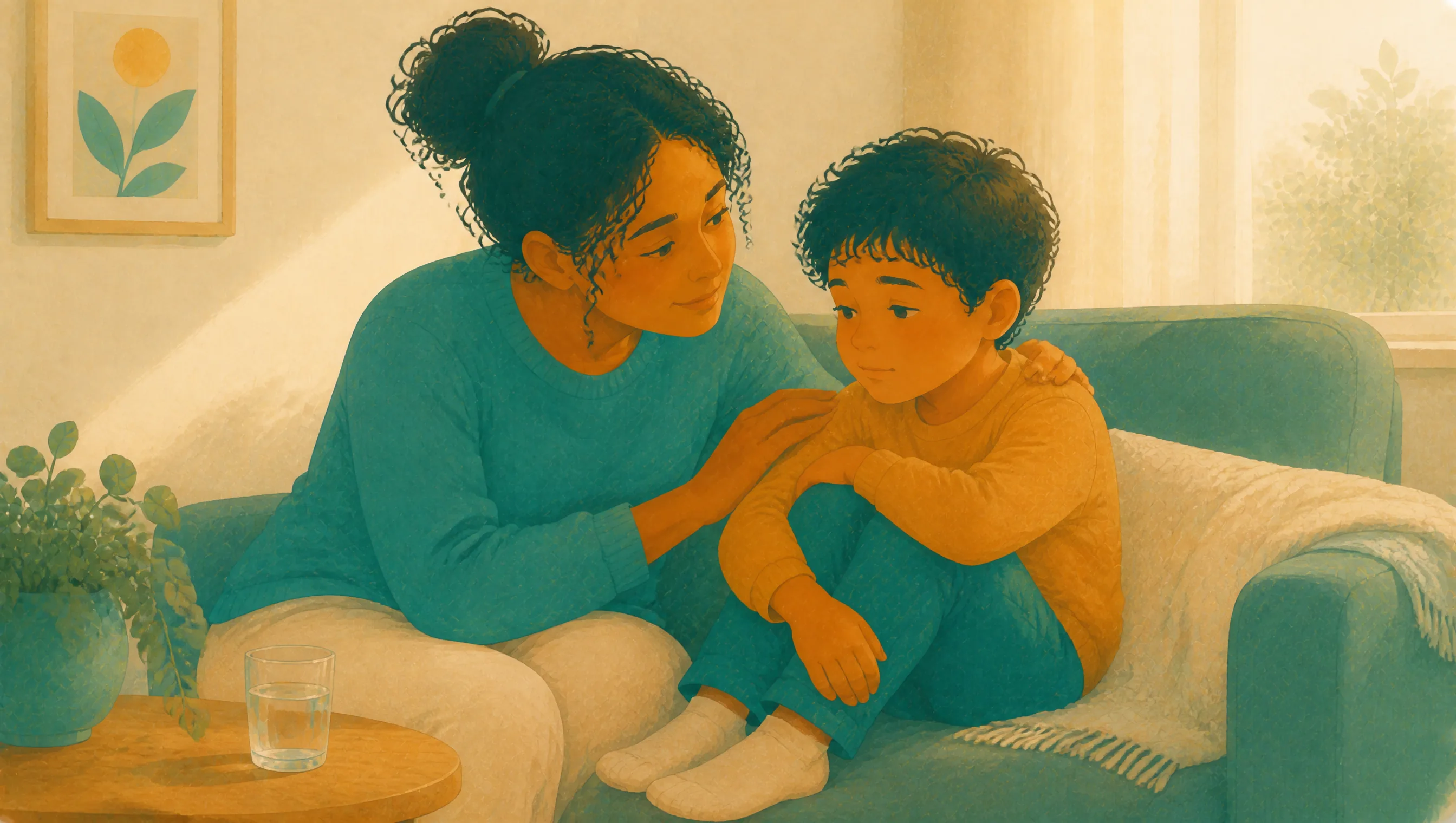 A woman and a child sit close on a sofa, her hand resting on the child's arm, both looking at each other in a softly lit living room.