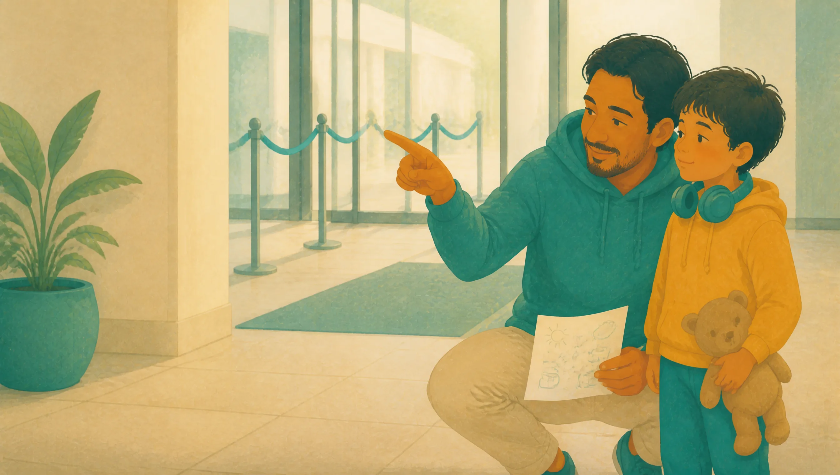 A parent crouching beside a child in a bright entrance hall, pointing ahead while holding a hand-drawn plan of the visit. The child carries a teddy and wears headphones.
