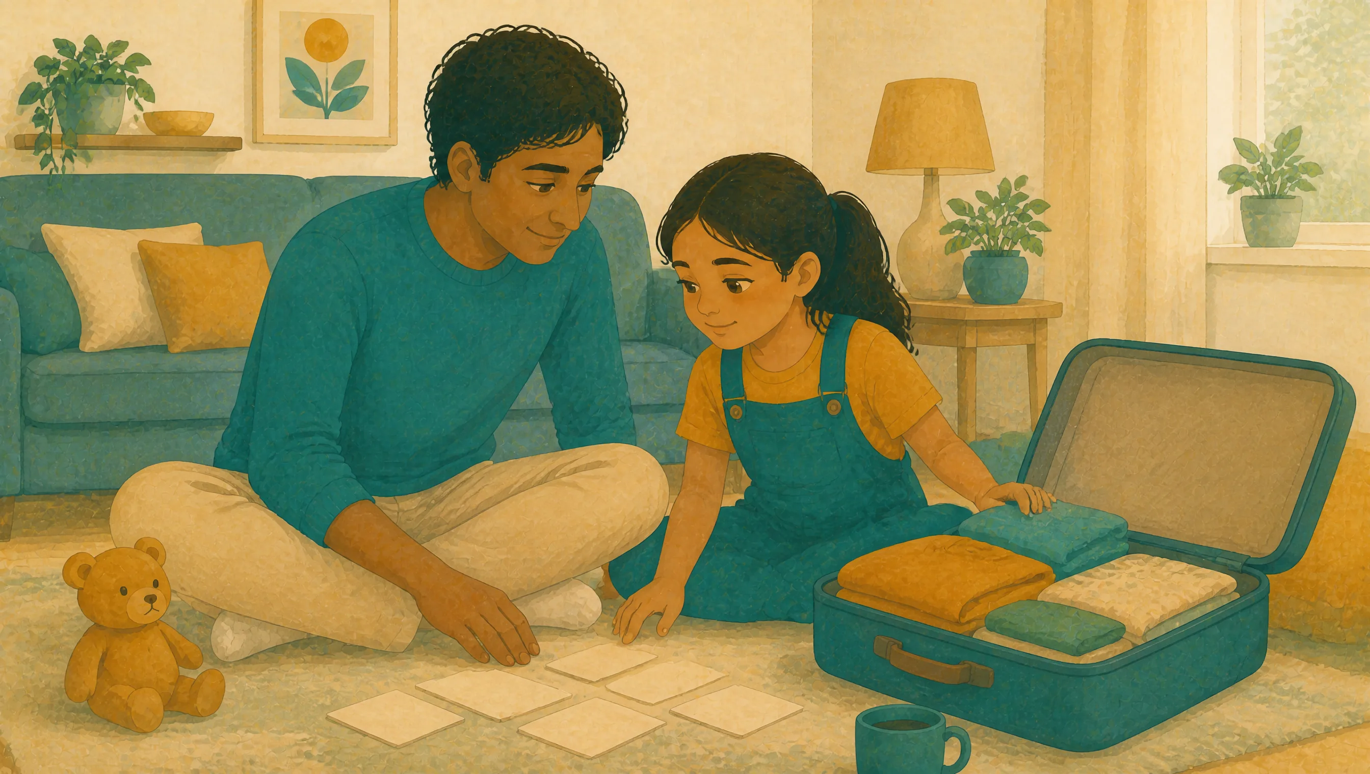 A man and a young girl sitting cross-legged on a living room floor, sorting blank cards beside an open suitcase packed with clothes and a teddy bear.