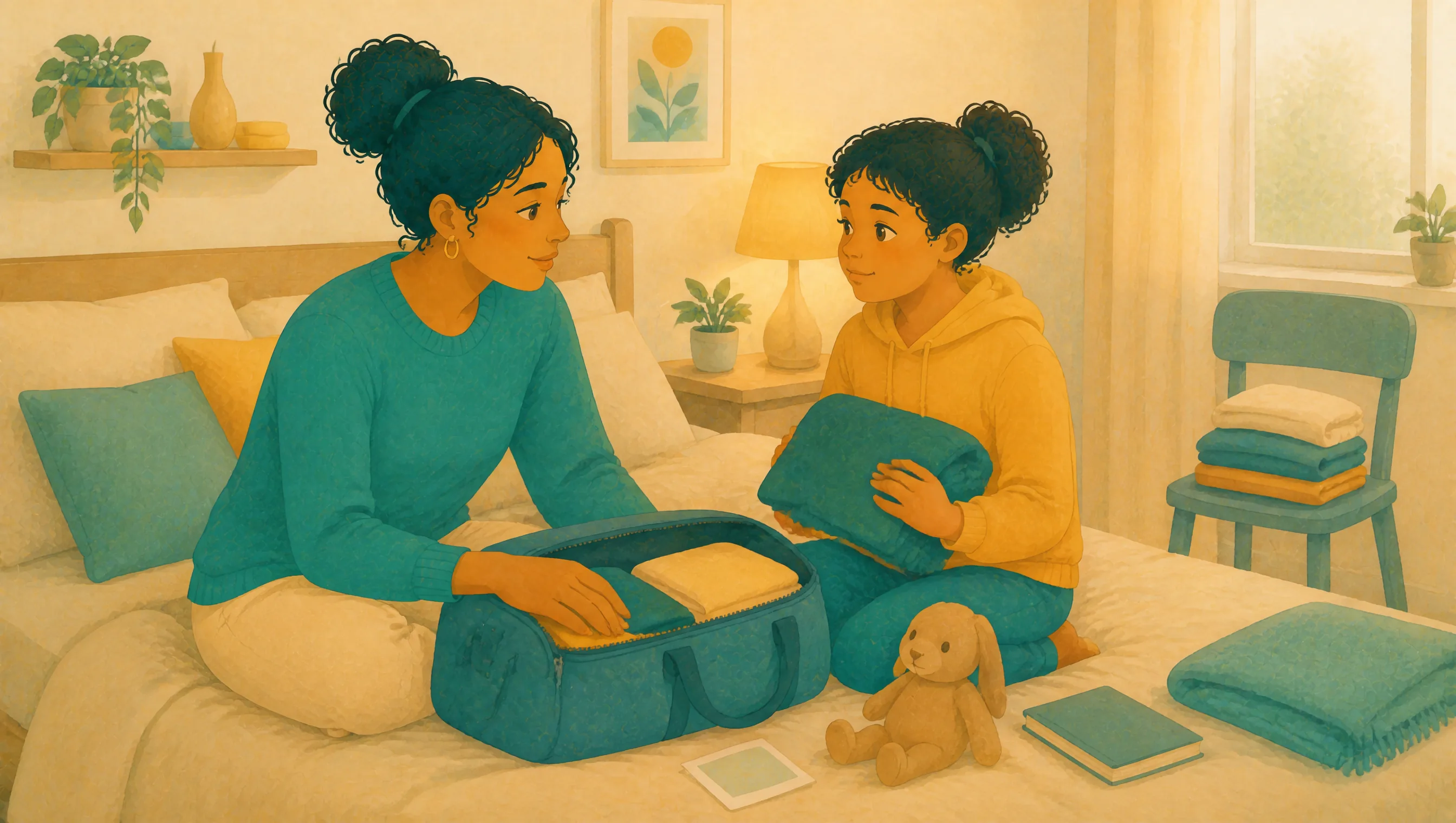 A woman and a girl sit on a bed packing a duffel bag, the girl holding a folded blanket beside a soft toy rabbit and stacked books.
