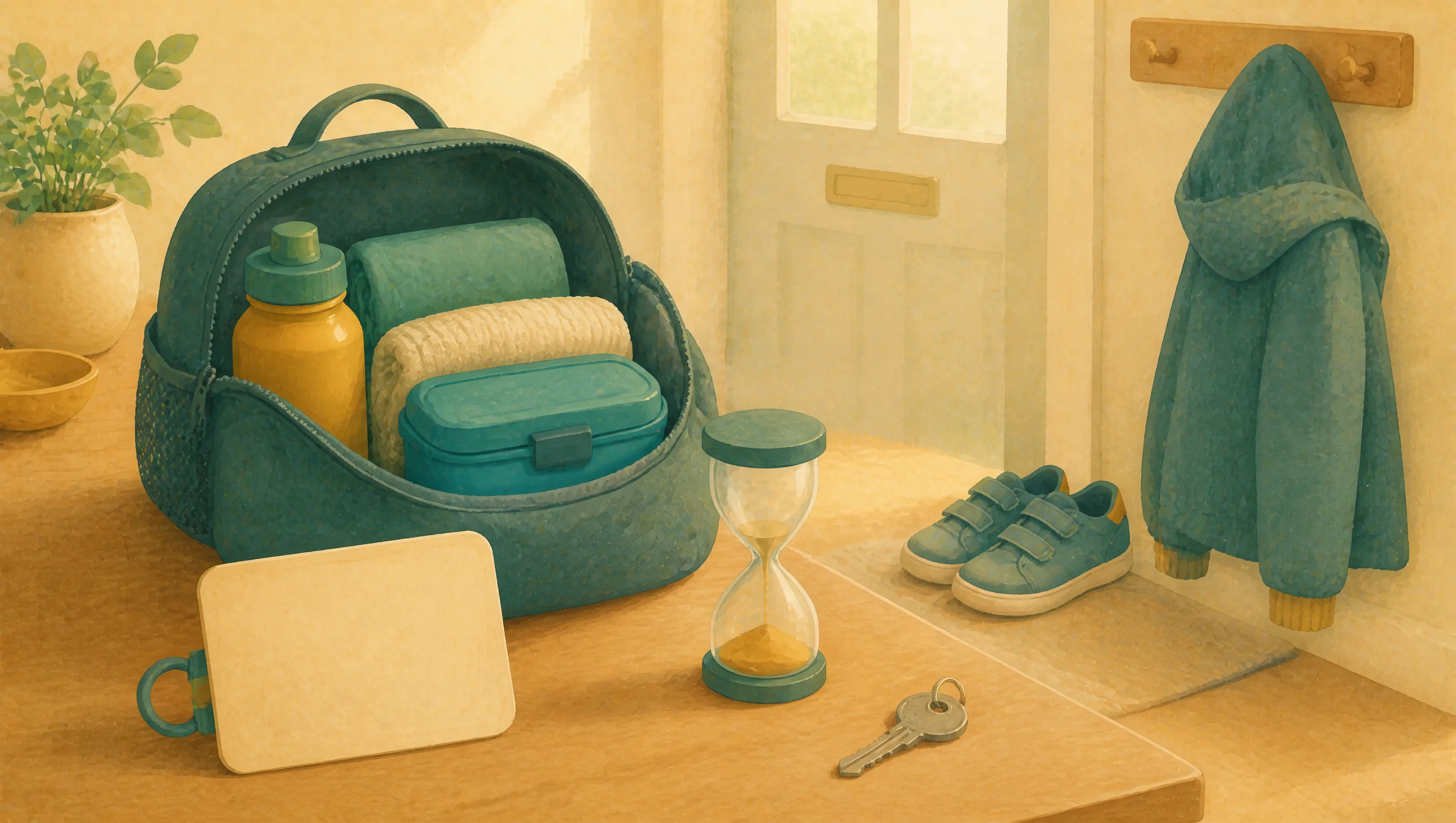 A packed bag with a water bottle, folded towel and container, beside an hourglass, blank notepad, house keys, small trainers and a coat hung by the door.