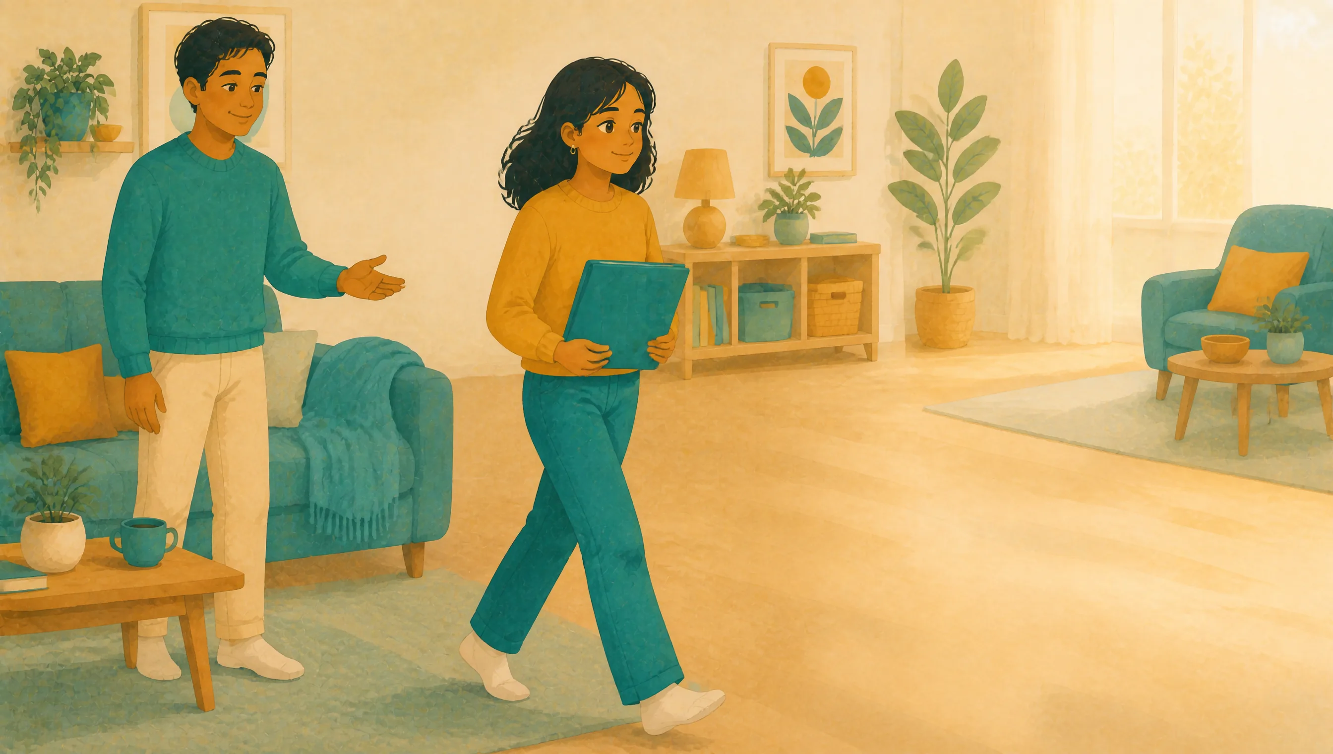 A living room where a man gestures mid-conversation while a girl walks past holding a teal folder, surrounded by potted plants and warm gold furnishings.