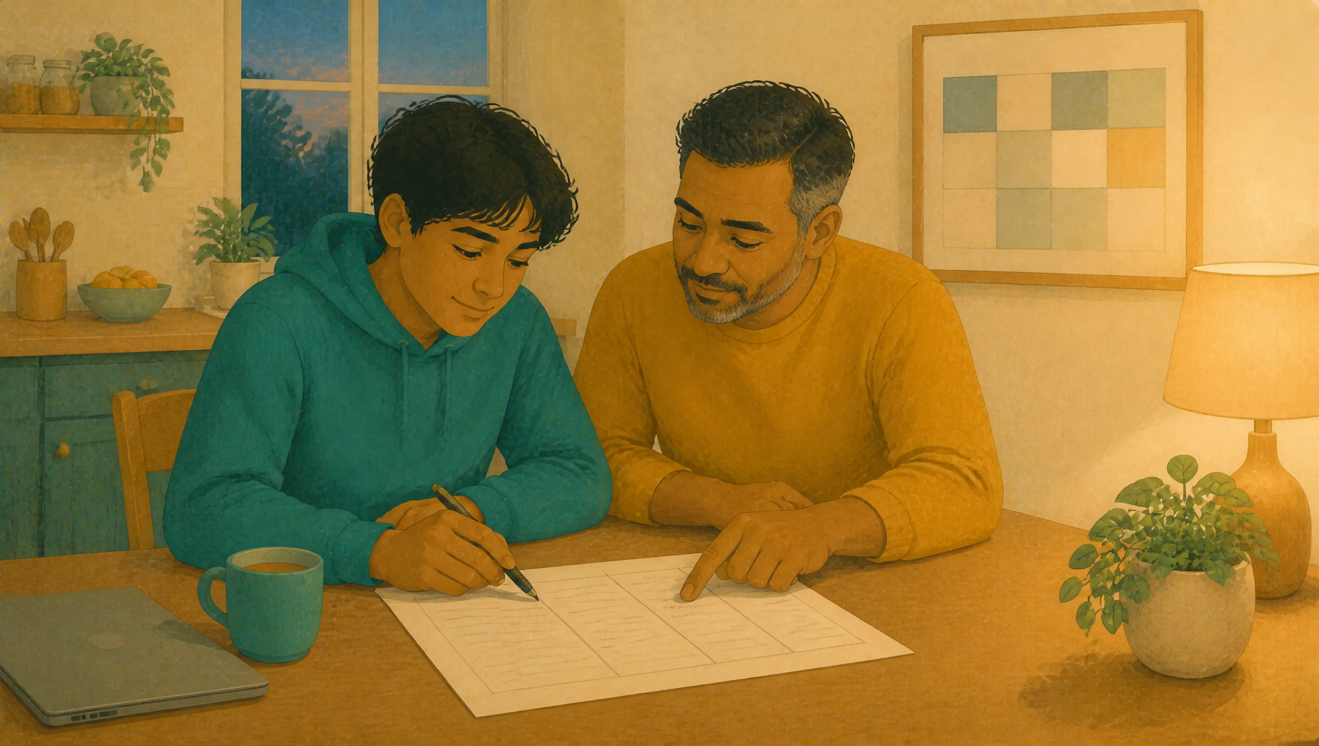 A teenager and an older adult sit together at a kitchen table, the teenager writing on a printed form while the adult points to a section of it.