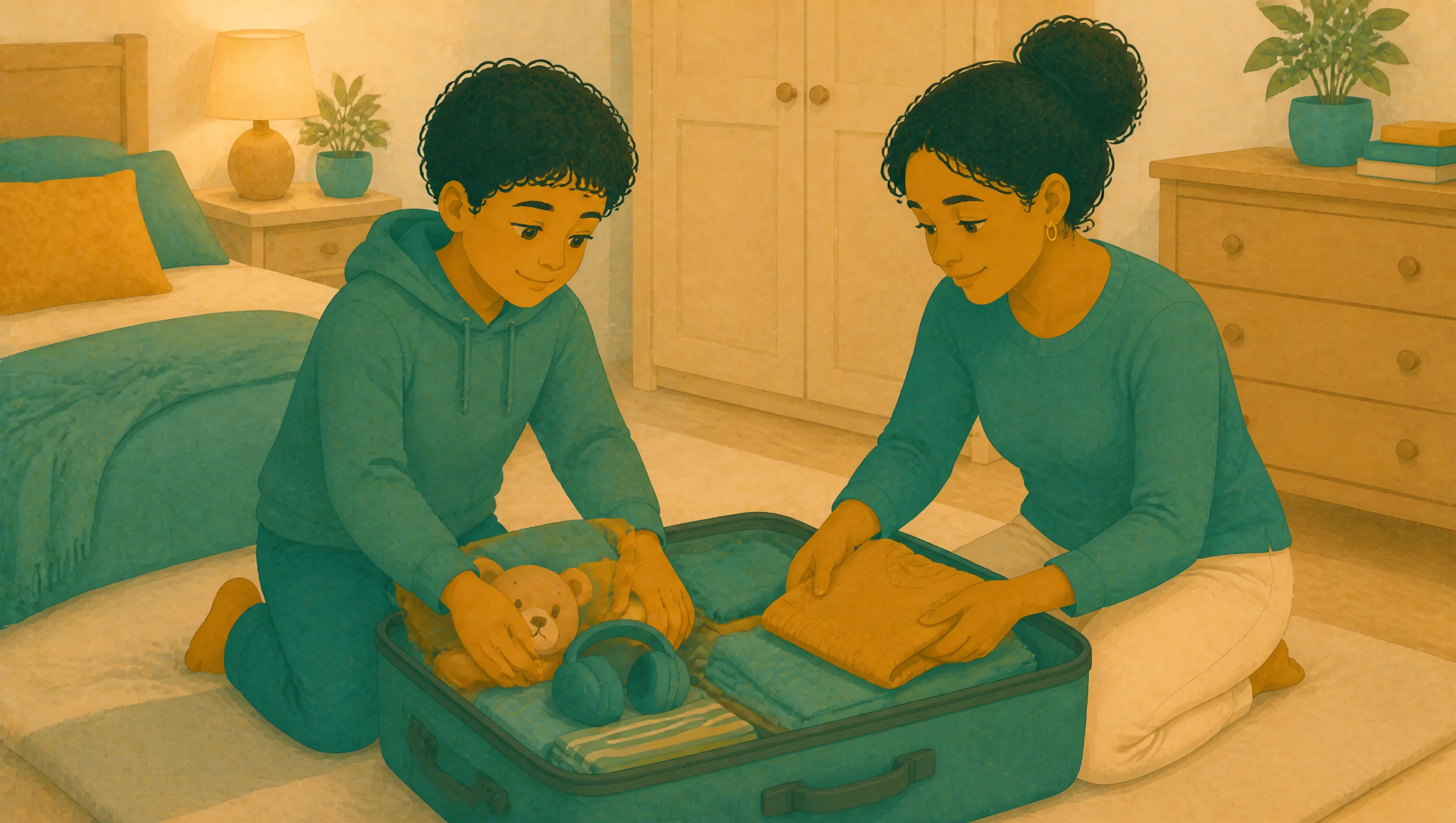 A boy and a woman kneeling together packing a teal suitcase in a bedroom, tucking in a teddy bear and folded jumper beside a bed and wardrobe.