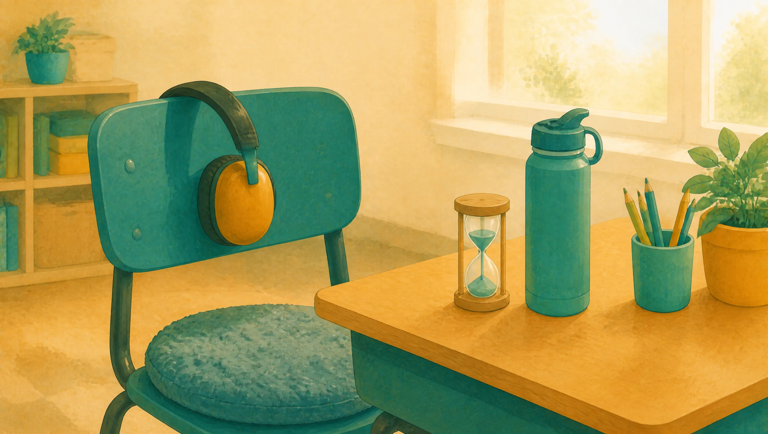 An empty chair with over-ear headphones hanging from its back, beside a desk holding a sand timer, water bottle, cup of pencils and a small plant.