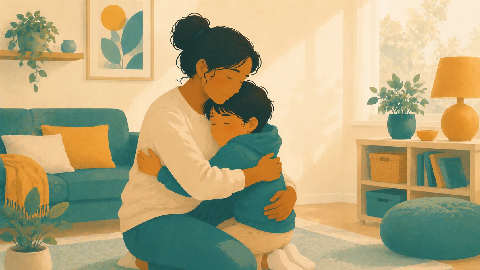 A parent and child sit close together on a sofa after a difficult moment.