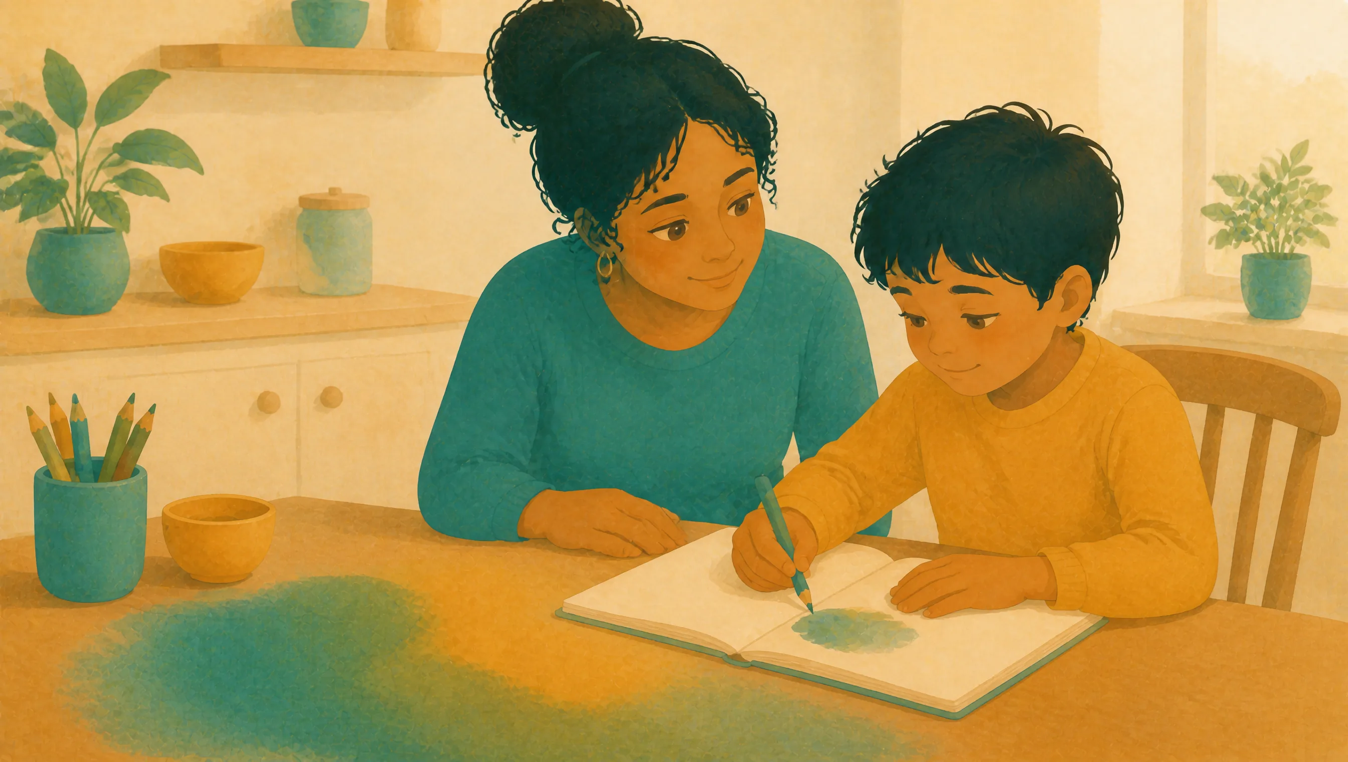 A woman and a boy sitting together at a table looking at an open notebook, he draws with a coloured pencil while pots of pencils sit nearby.