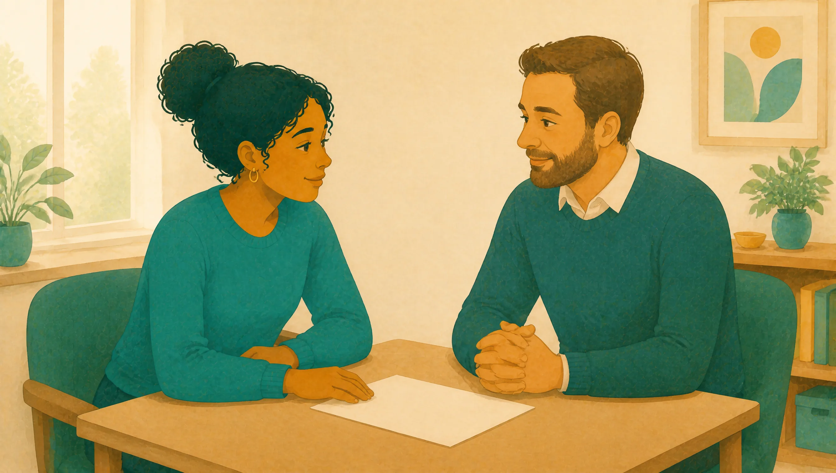 A woman and a man facing each other across a small table, hands resting near a blank sheet of paper, a framed print and potted plants behind.
