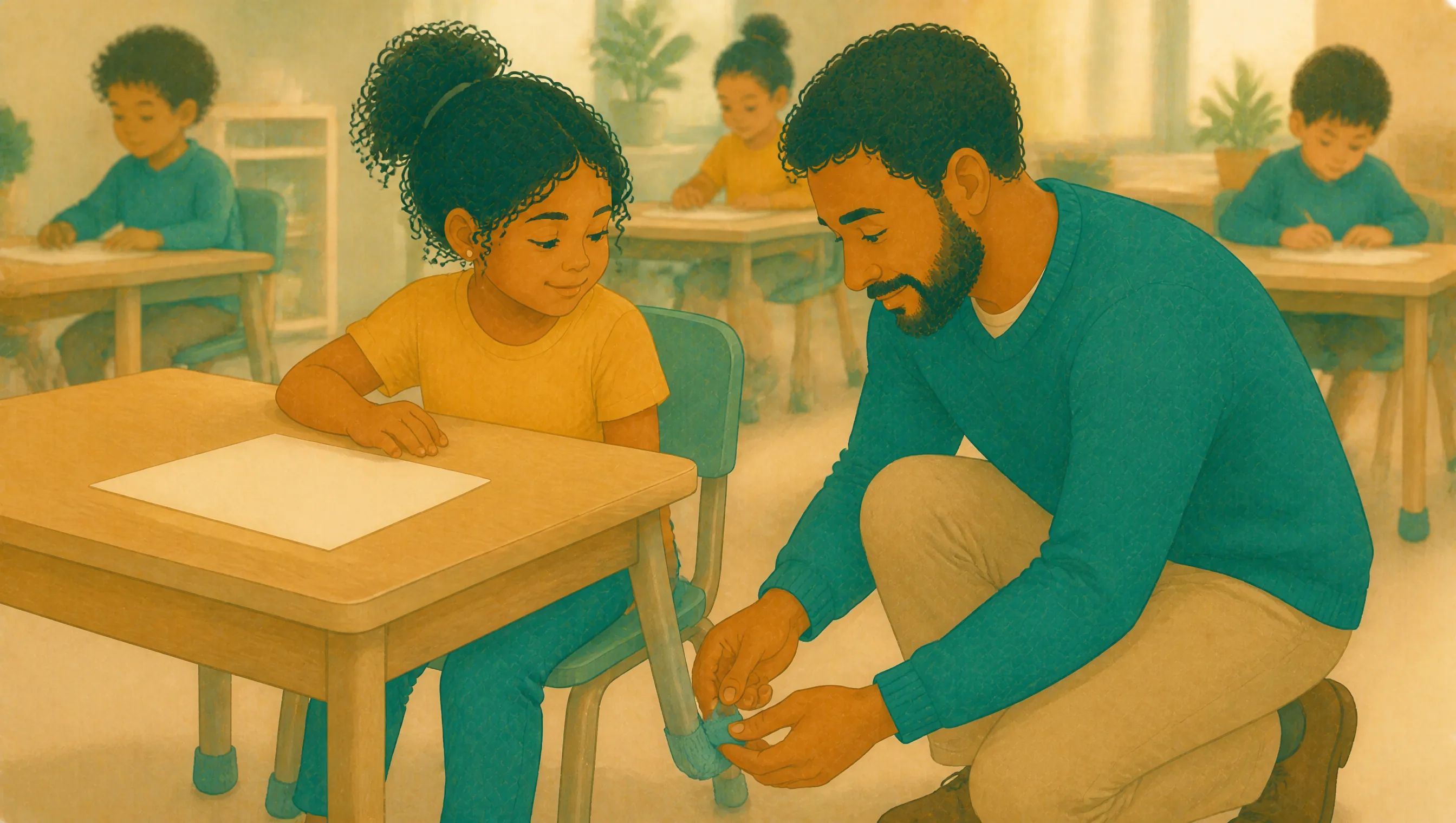 A teacher kneels to fit a pad to the leg of a girl's chair at her desk while she waits, with other pupils working quietly nearby.