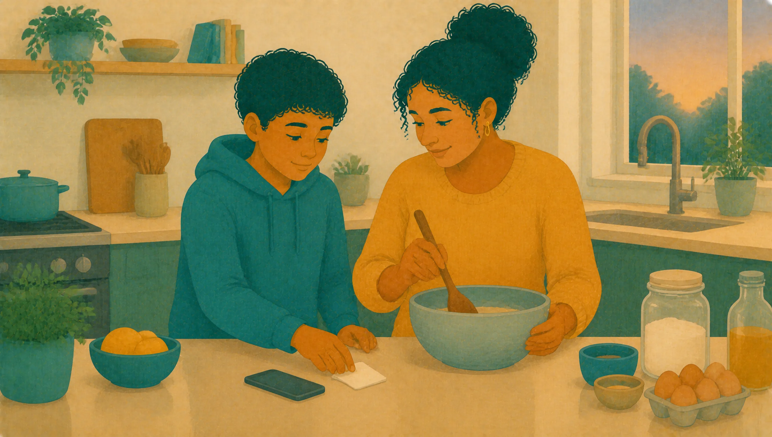 A parent and their teenage son bake together at a kitchen counter in the evening light, working side by side.