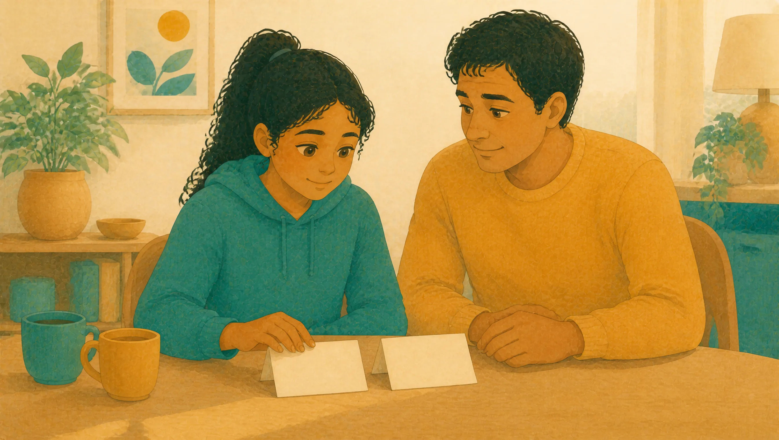 A girl and a man sit at a table, two blank folded paper cards standing upright between them, with mugs of tea nearby and a potted plant behind them.