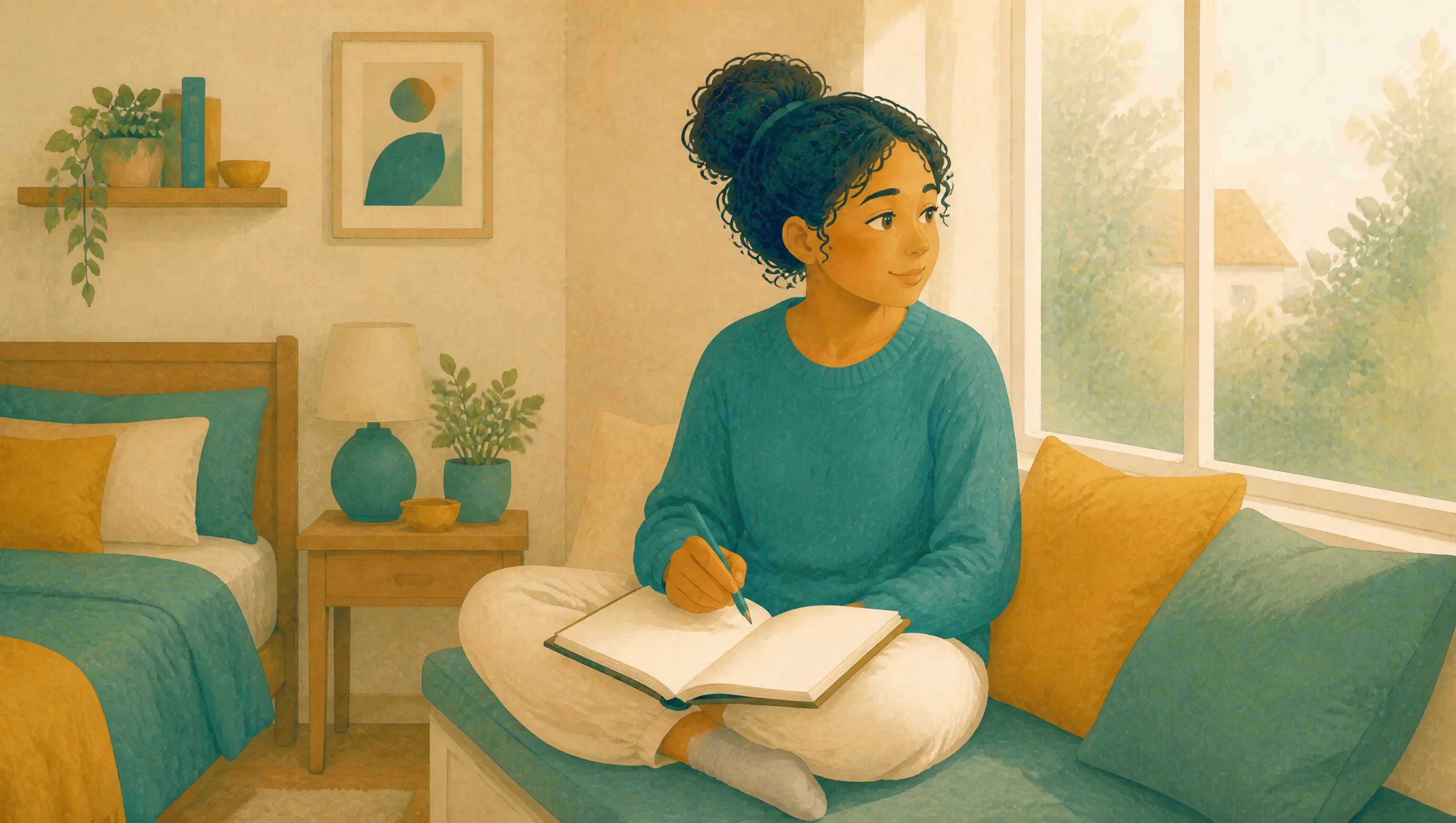 A girl sitting cross-legged on a window seat, writing in a notebook and looking outside, with a bed, lamp and potted plant in the room behind.