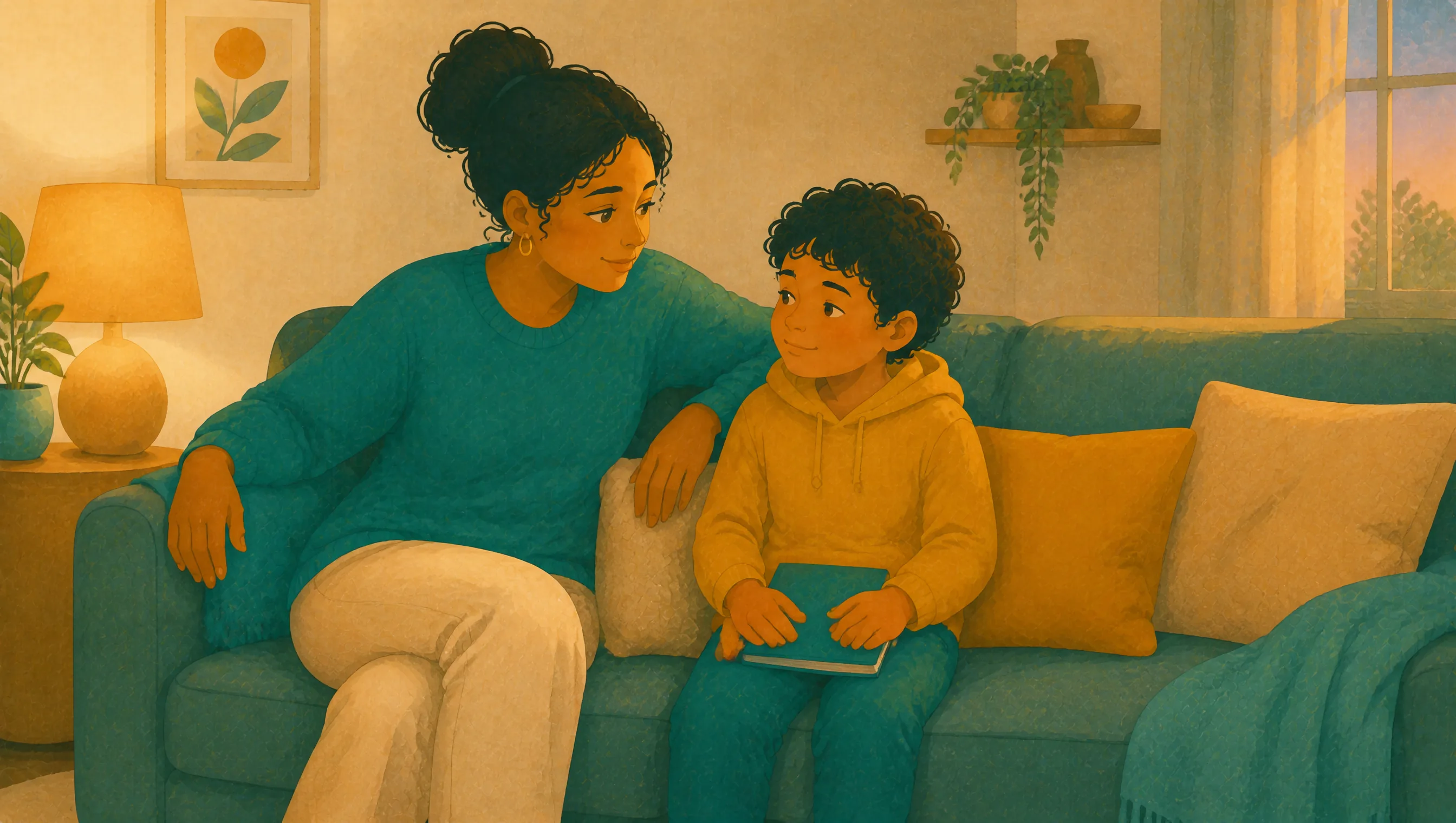 A woman and a young boy sitting together on a teal sofa in a living room, the boy holding a closed book, both facing each other.