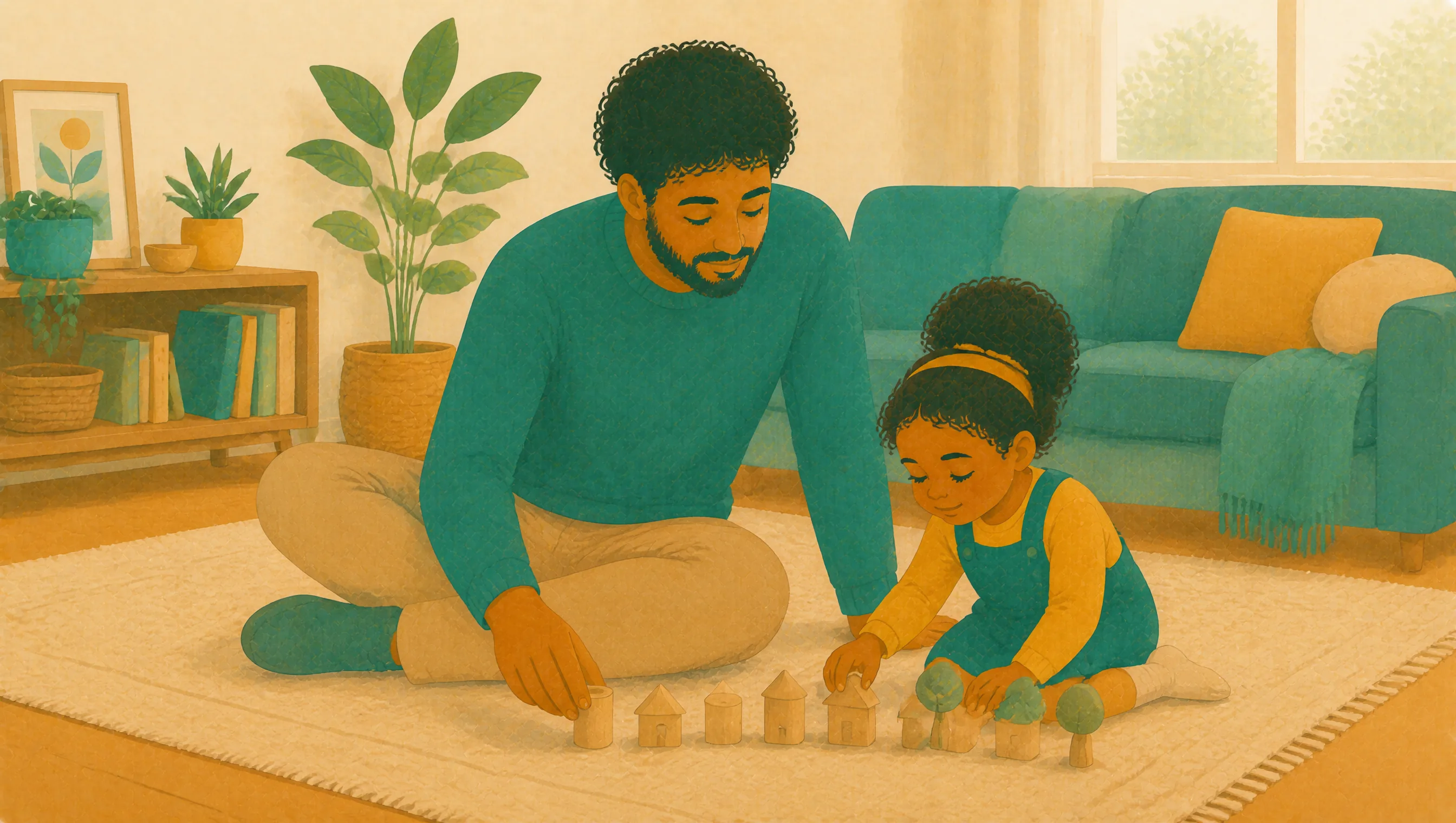 A father and his young daughter kneel together on a rug, arranging wooden houses and trees in a row.