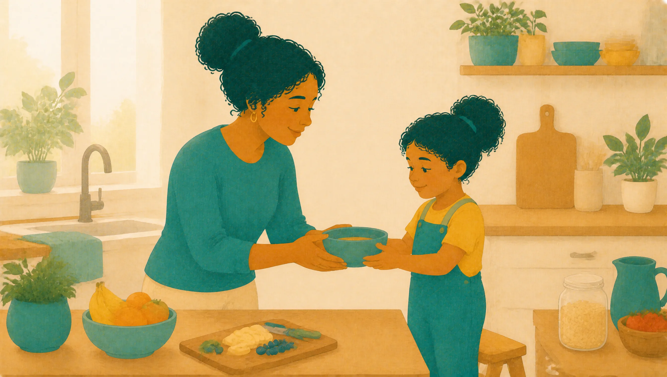 A mother hands a mixing bowl to her young daughter in the kitchen, with fruit and a chopping board laid out on the worktop.