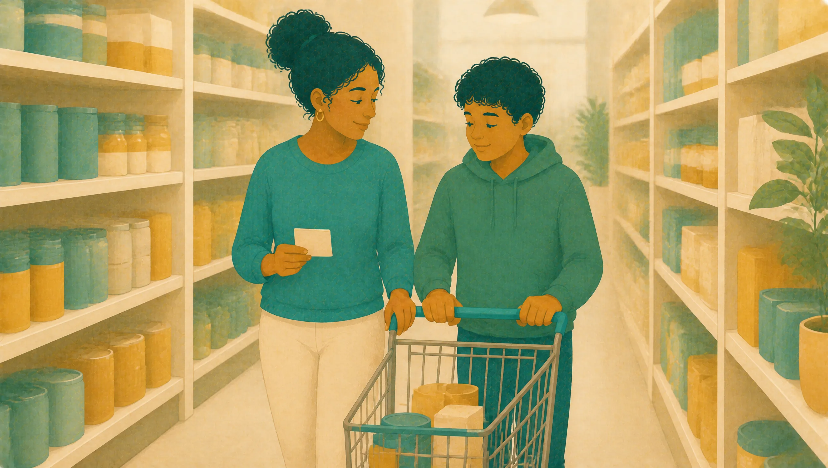 A mother and her son push a trolley together along a quiet supermarket aisle, the boy holding the handle beside her.