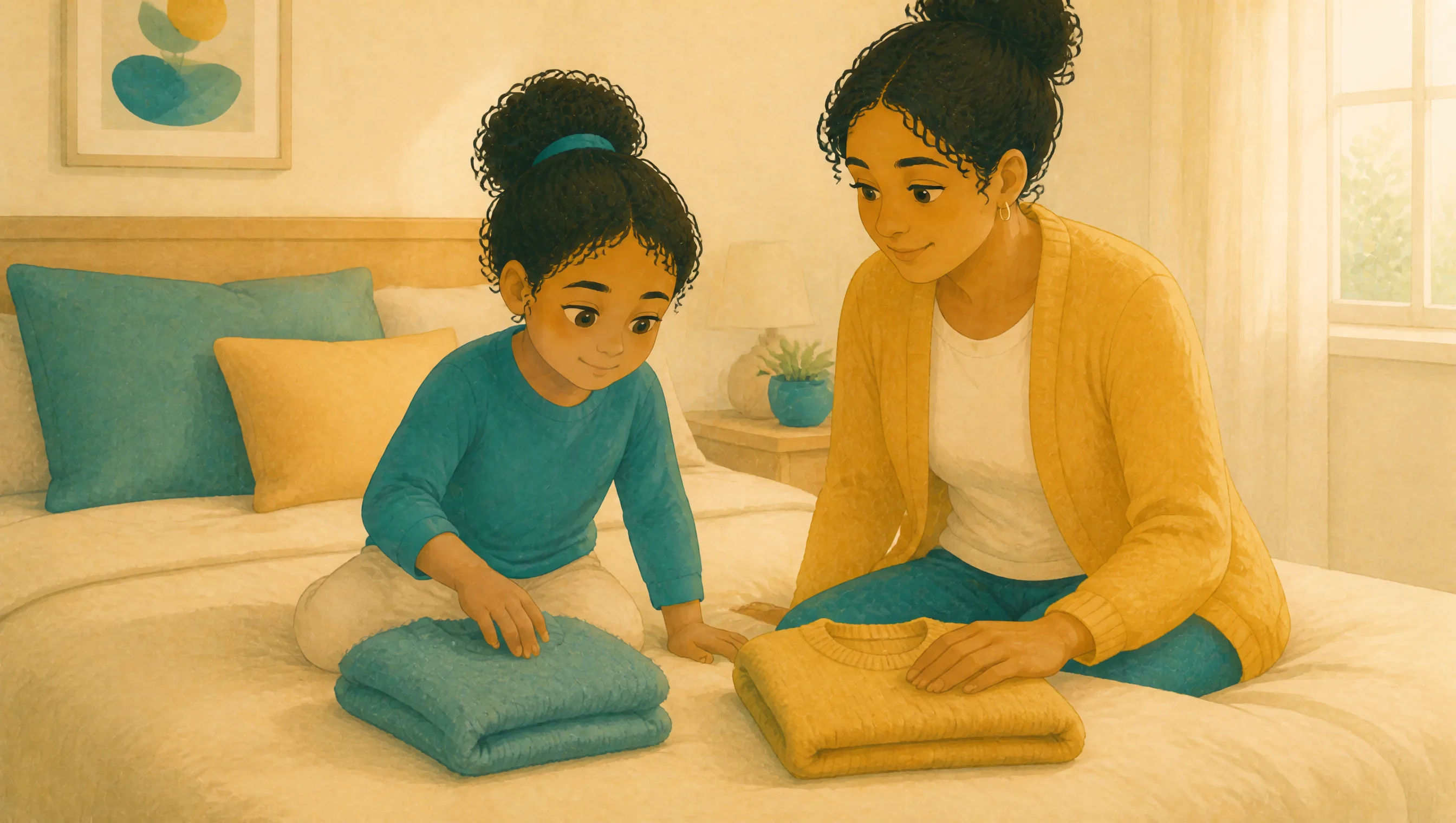 A mother and her young daughter sit together on a bed with two folded jumpers in front of them, the girl resting her hand flat on one to feel the fabric.
