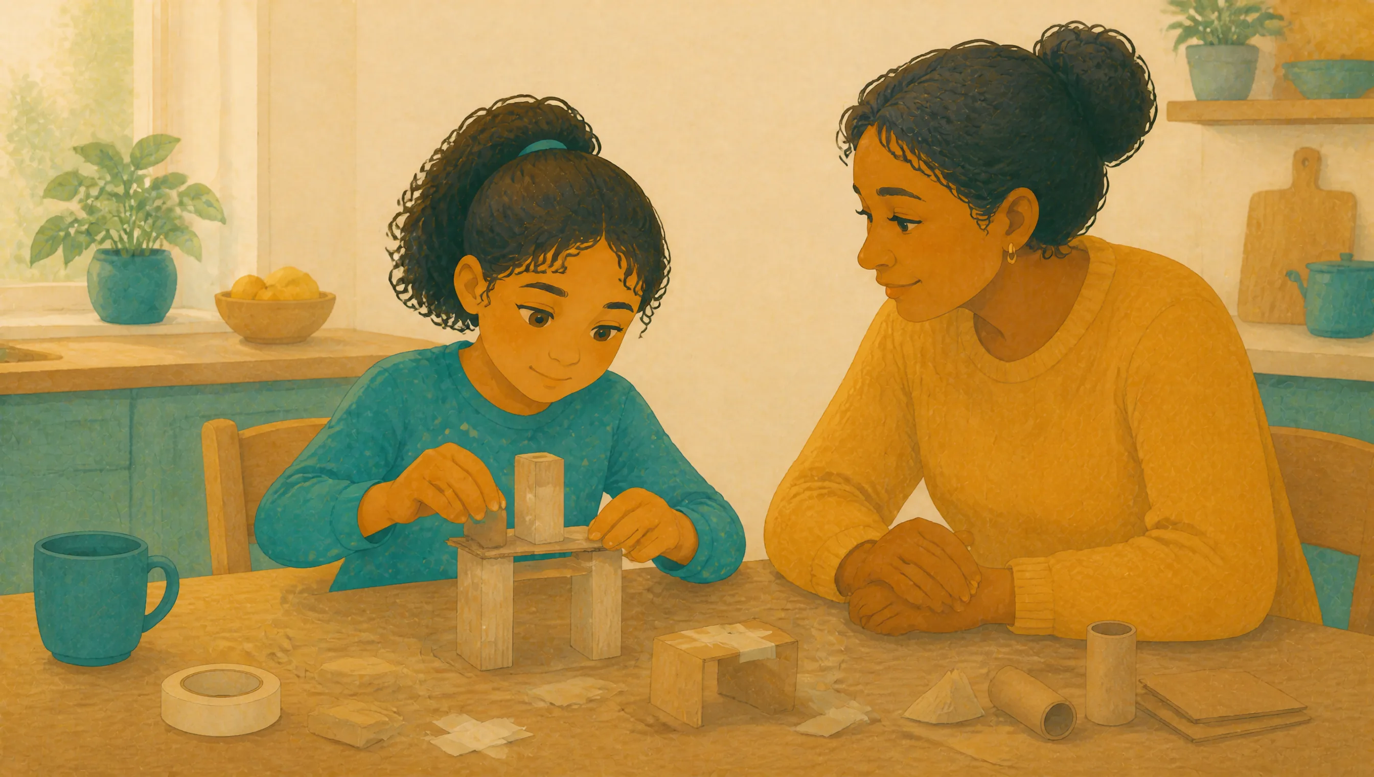 A young girl builds a small tower from wooden blocks and cardboard tubes at a kitchen table, while a woman beside her watches with hands clasped, smiling.
