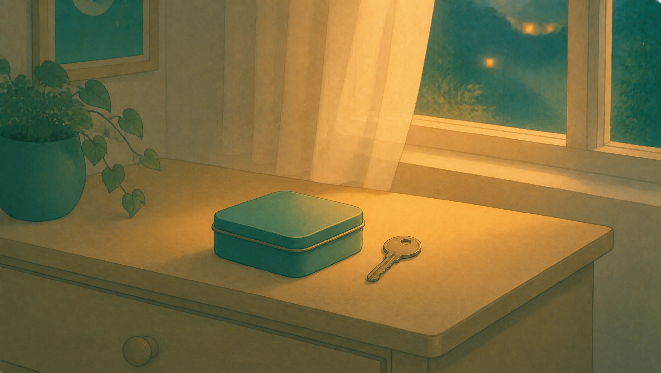 A small closed tin sits beside a single key on a bedroom chest of drawers, with the curtain drawn against the evening.