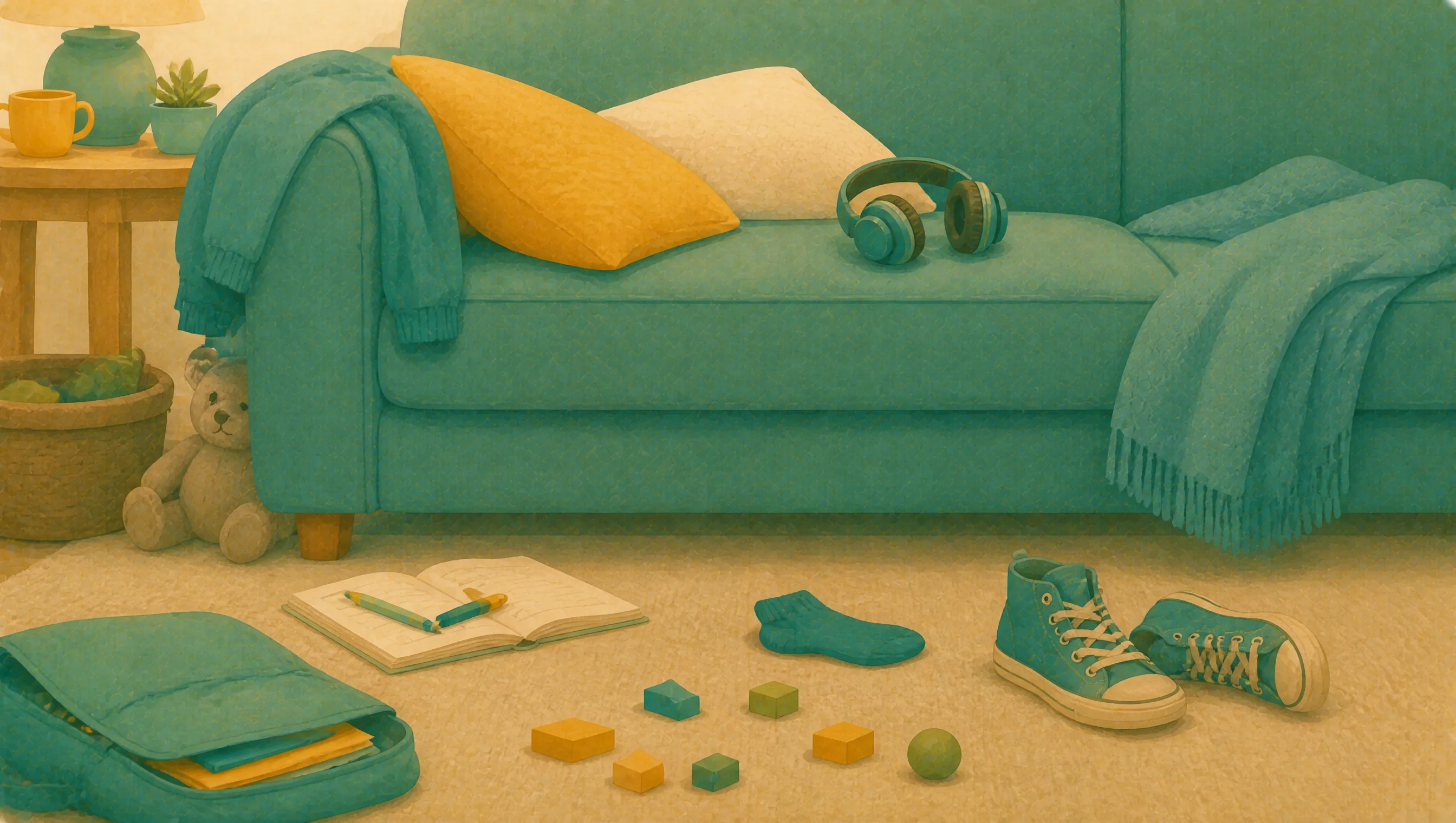 An open satchel, a notebook, a single sock, scattered building blocks and a pair of shoes lie across a living room floor.