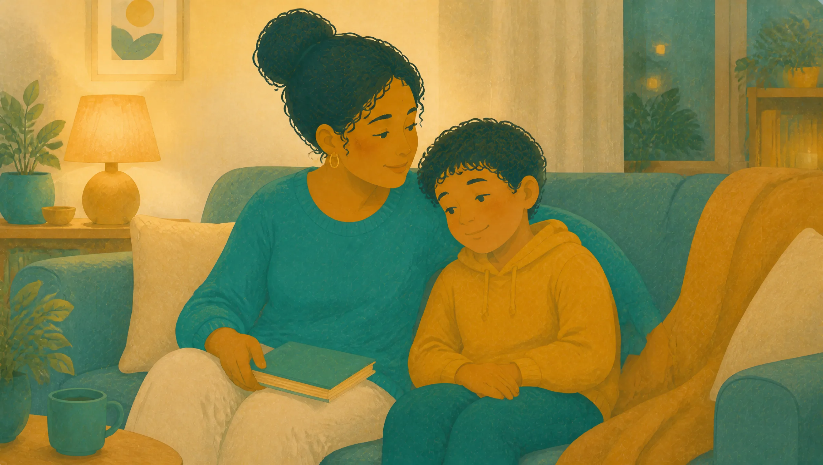 A woman and a boy sitting together on a sofa, smiling at each other, with a book on her lap and a mug on a side table nearby.